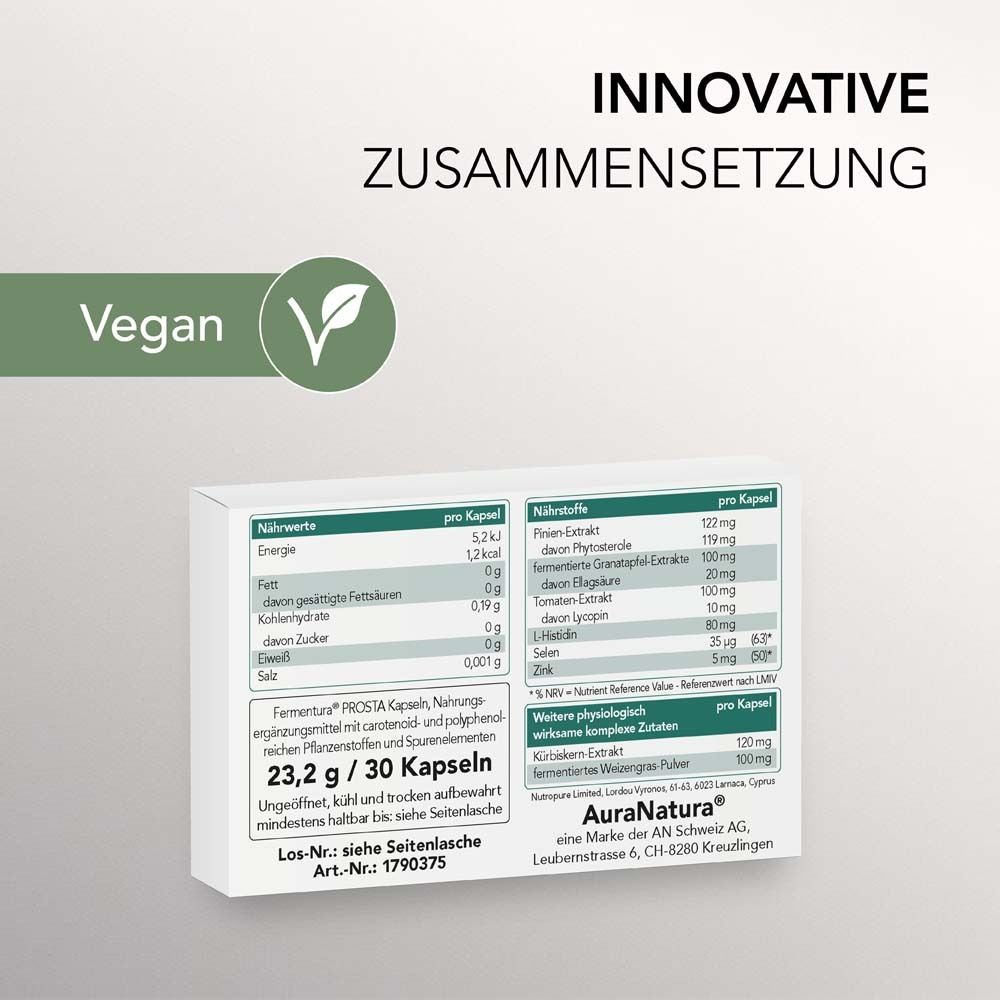 Produktverpackung mit Inhaltsstoffangaben. Enthält 30 Kapseln, 23,2 g. Vegan-Siegel.