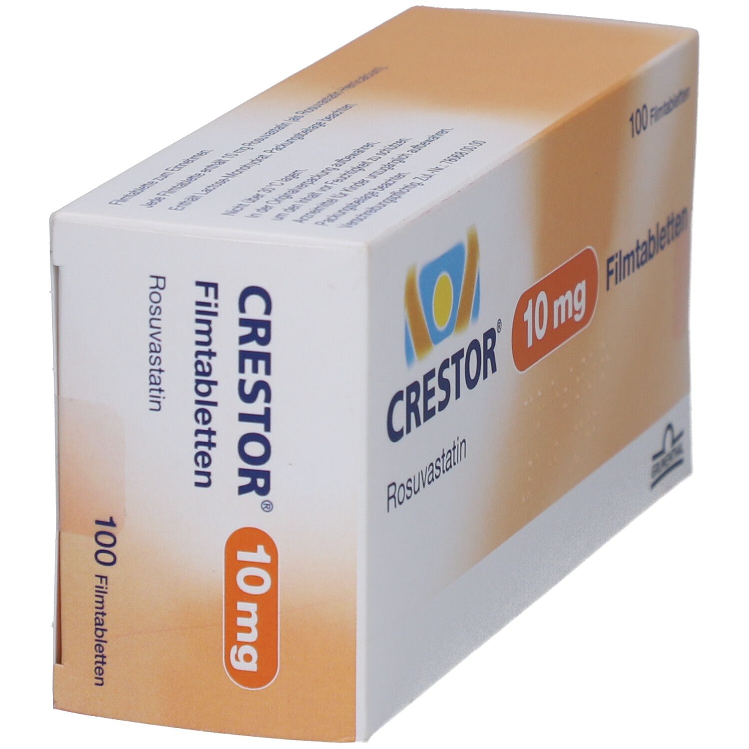 CRESTOR 10 mg Filmtabletten-Packung. Schachtel schräg. Aufschrift: CRESTOR, 10 mg, 100 Filmtabletten. Orangefarbenes Feld.