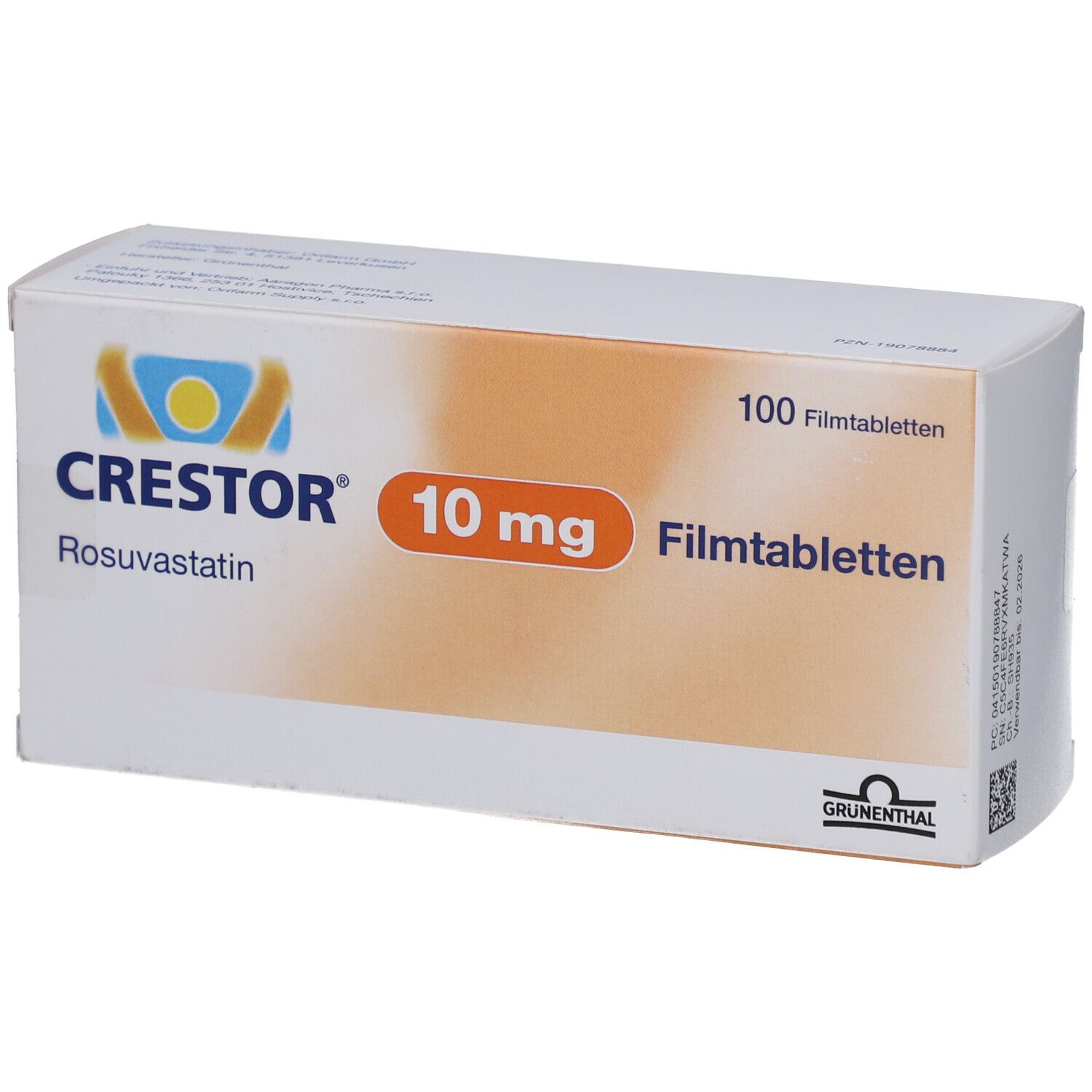 CRESTOR 10 mg Filmtabletten-Packung. Weiße Schachtel mit orangefarbenem Feld. Aufschrift: CRESTOR, 10 mg, 100 Filmtabletten.