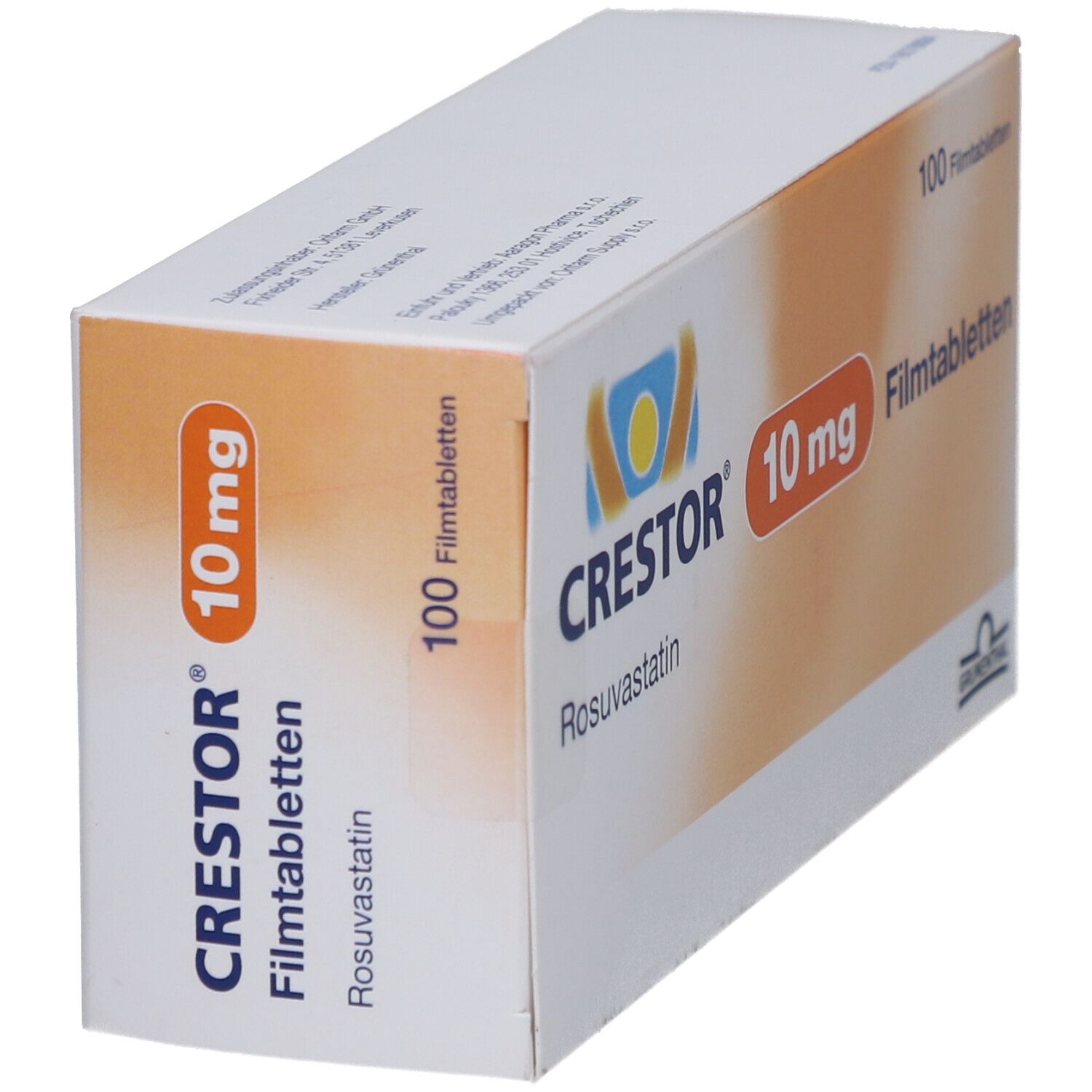 CRESTOR 10 mg Filmtabletten-Packung. Schachtel schräg. Aufschrift: CRESTOR, 10 mg, 100 Filmtabletten. Orangefarbenes Feld.