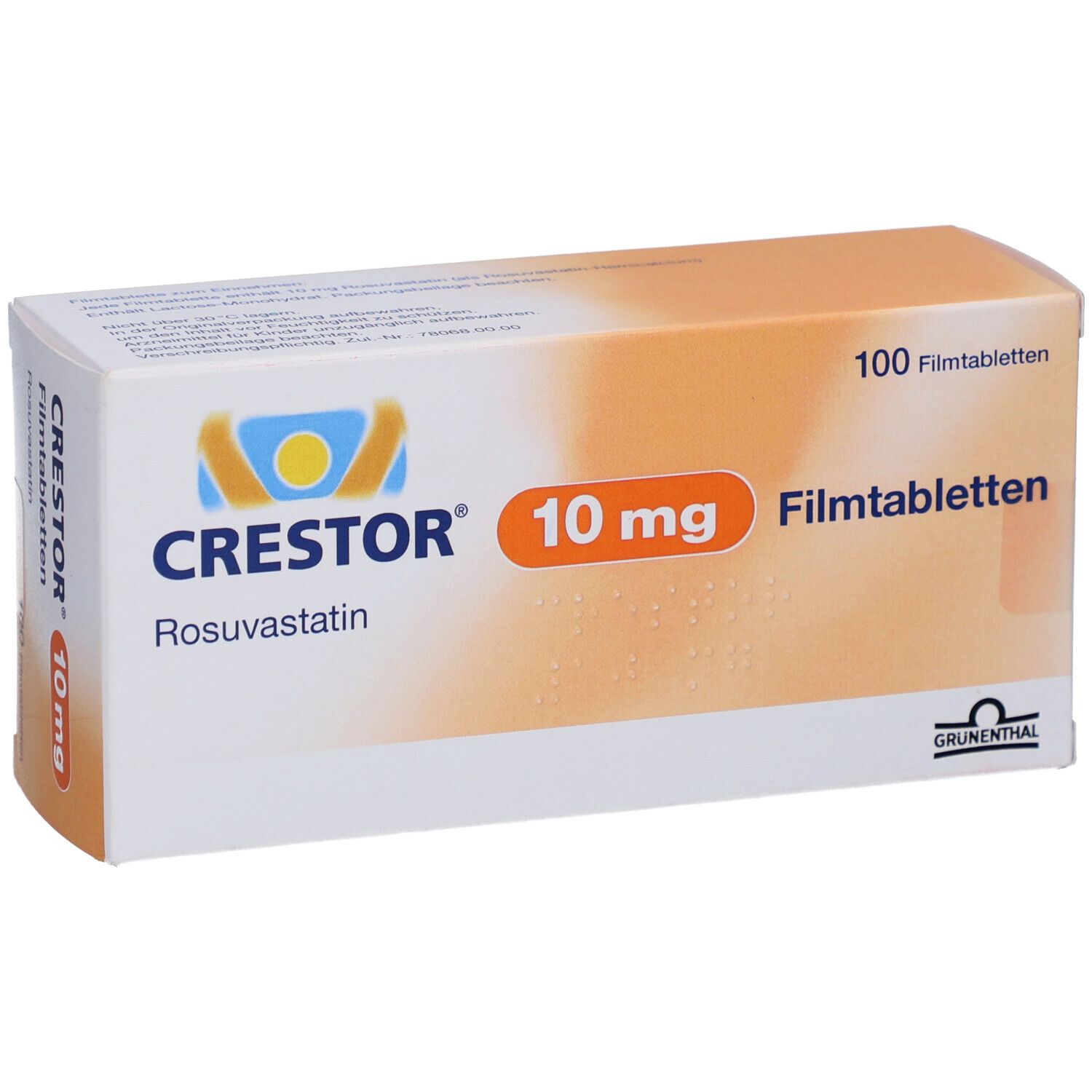 CRESTOR 10 mg Filmtabletten-Packung. Schachtel schräg. Aufschrift: CRESTOR, 10 mg, 100 Filmtabletten. Orangefarbenes Feld.