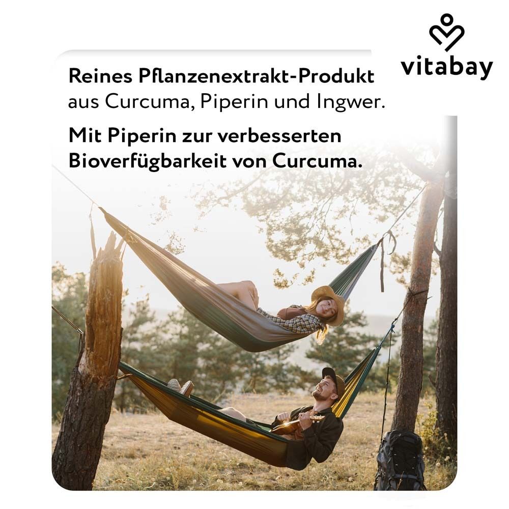 Zwei Personen in Hängematten. Text: Reines Pflanzenextrakt-Produkt aus Curcuma, Piperin und Ingwer. Mit Piperin.