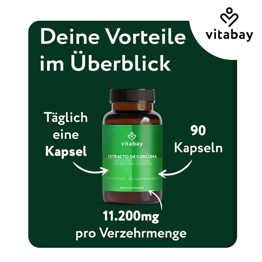 Produktflasche mit Text: Extrakto de Curcuma. 90 Kapseln. 11.200mg pro Verzehrmenge. Tägliche Einnahme.
