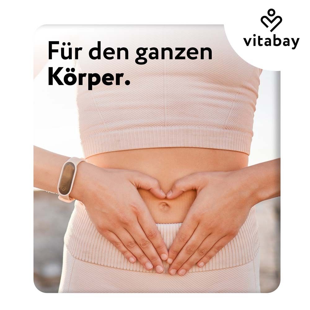 Person mit Herz-Geste auf dem Bauch. Text: Für den ganzen Körper. Marke Vitabay.