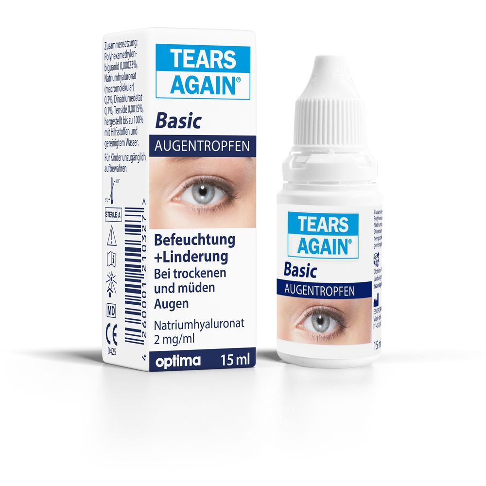 Augentropfen-Fläschchen und -Verpackung. Aufschrift: Tears Again Basic Augentropfen. 15 ml. Mit Augenabbildung.