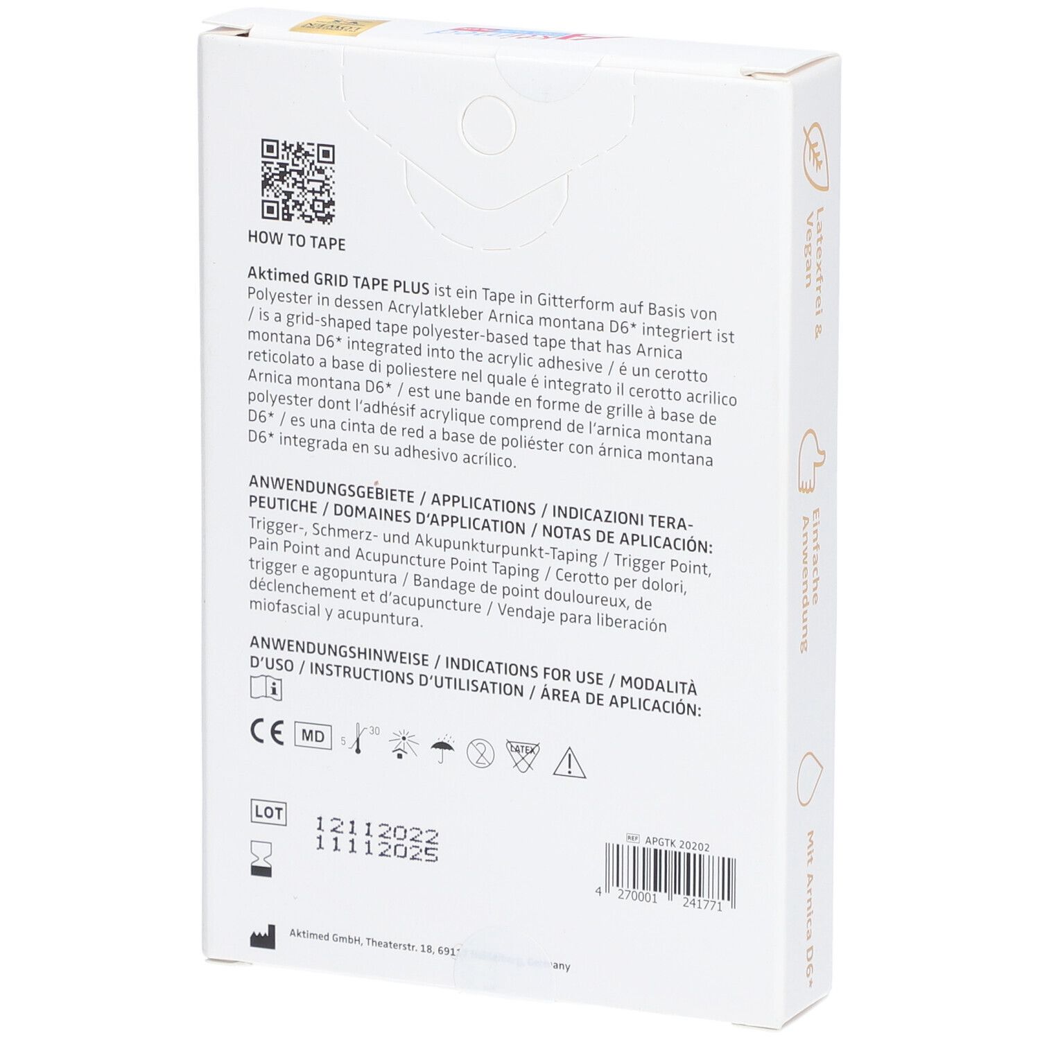 Rückseite der Verpackung von Grid Tape Plus. Text in mehreren Sprachen. CE-Kennzeichnung. Haltbarkeitsdatum.