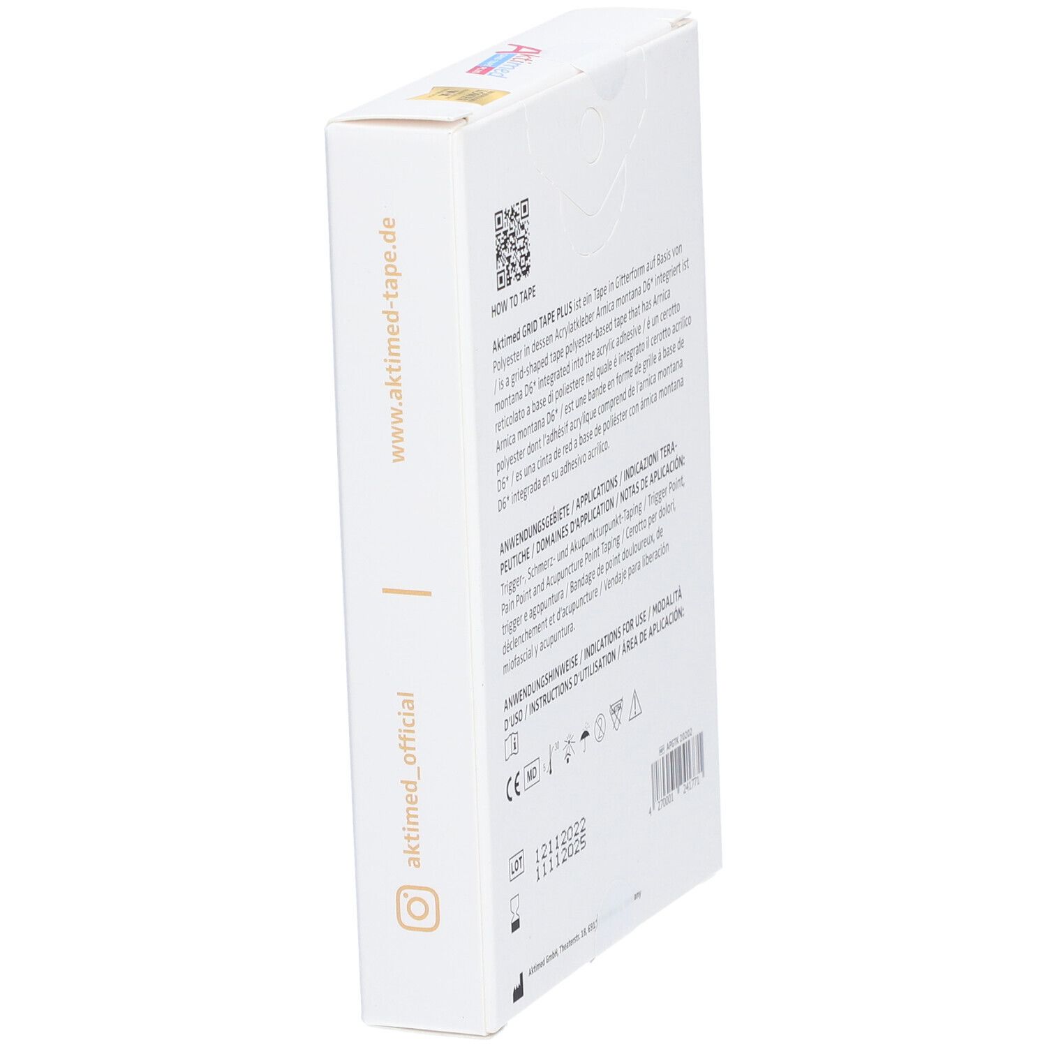 Verpackung von Grid Tape Plus. Aufschrift: www.aktimed-tape.de. Instagram-Logo. QR-Code.