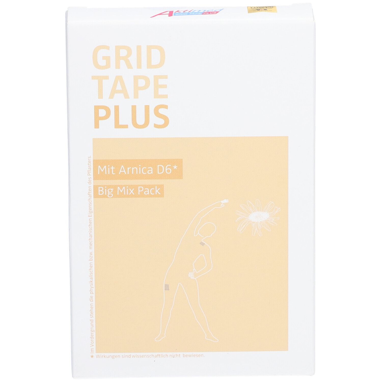 Weiße Verpackung von Grid Tape Plus. Aufschrift: Mit Arnica D6. Big Mix Pack. Abbildung einer Person.