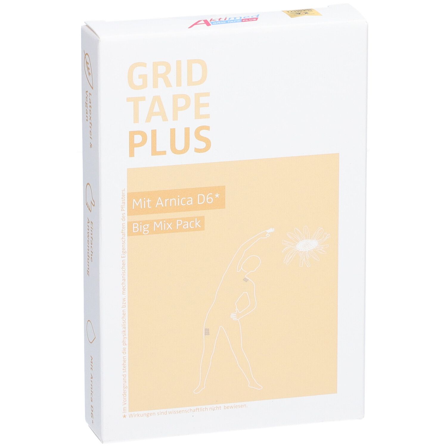 Weiße Verpackung von Grid Tape Plus. Aufschrift: Mit Arnica D6. Big Mix Pack. Abbildung einer Person.