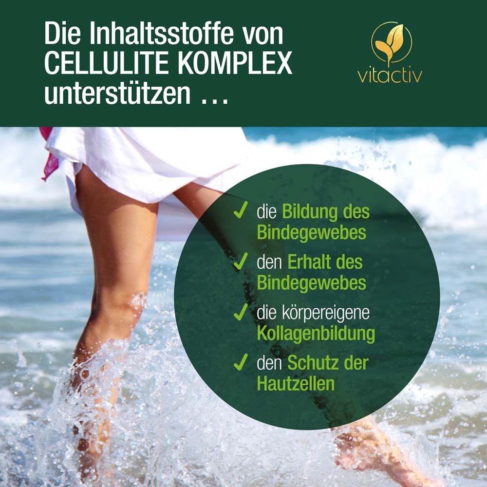 Beine im Wasser. Text: Die Inhaltsstoffe von CELLULITE KOMPLEX unterstützen... 