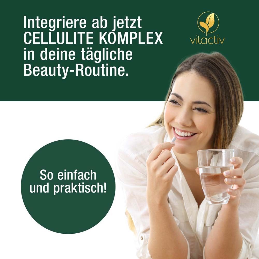 Eine Frau hält ein Glas Wasser und eine Tablette. Text: Integriere CELLULITE KOMPLEX in deine tägliche Beauty-Routine.