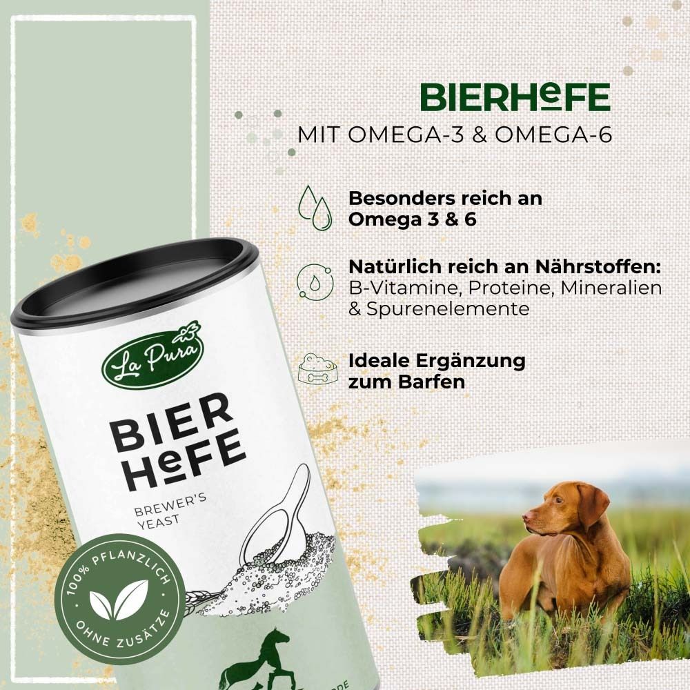 Dose LaPura Bierhefe mit Text und Icons. Text: Bierhefe, mit Omega-3 & Omega-6. Ergänzung zum Barfen. Hund im Hintergrund.
