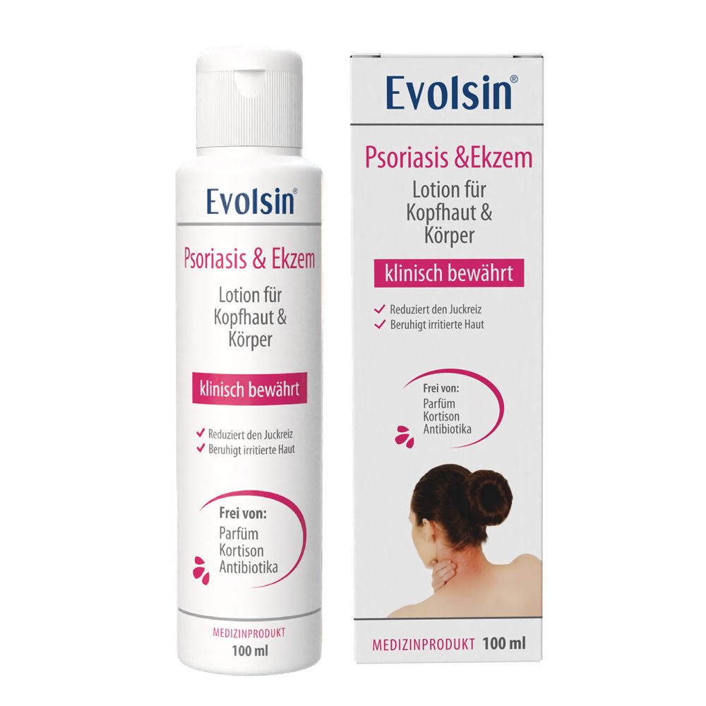 Produkt und Verpackung. Aufschrift: Evolsin Ekzem & Psoriasis Lotion für Kopfhaut & Körper. 100 ml.