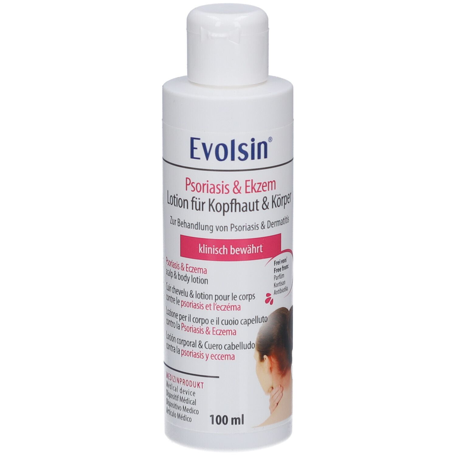 Weiße Flasche mit Lotion. Aufschrift: Evolsin Psoriasis & Ekzem Lotion. Klinisch bewährt. 100 ml.