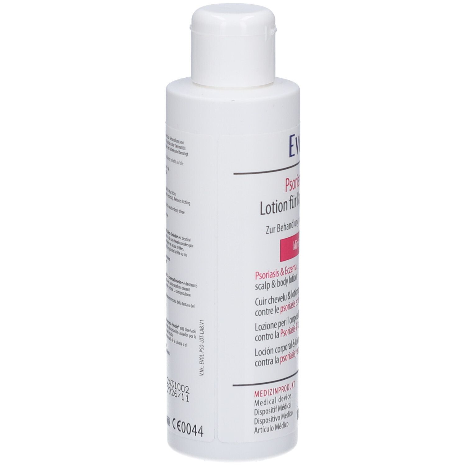 Weiße Lotion-Flasche. Aufschrift: Evolsin Psoriasis & Ekzem Lotion. Für Kopfhaut & Körper. Rückansicht.