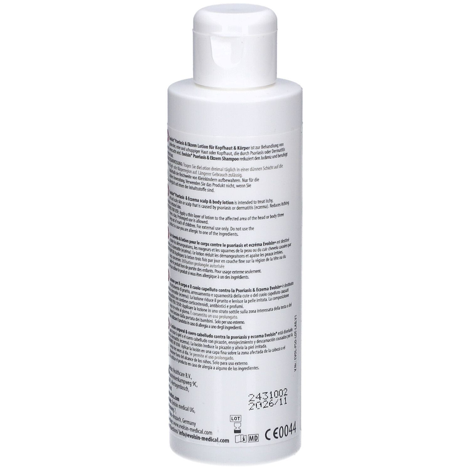 Rückseite einer weißen Lotion-Flasche. Text in mehreren Sprachen. Aufschrift: Evolsin Psoriasis & Ekzem Lotion.