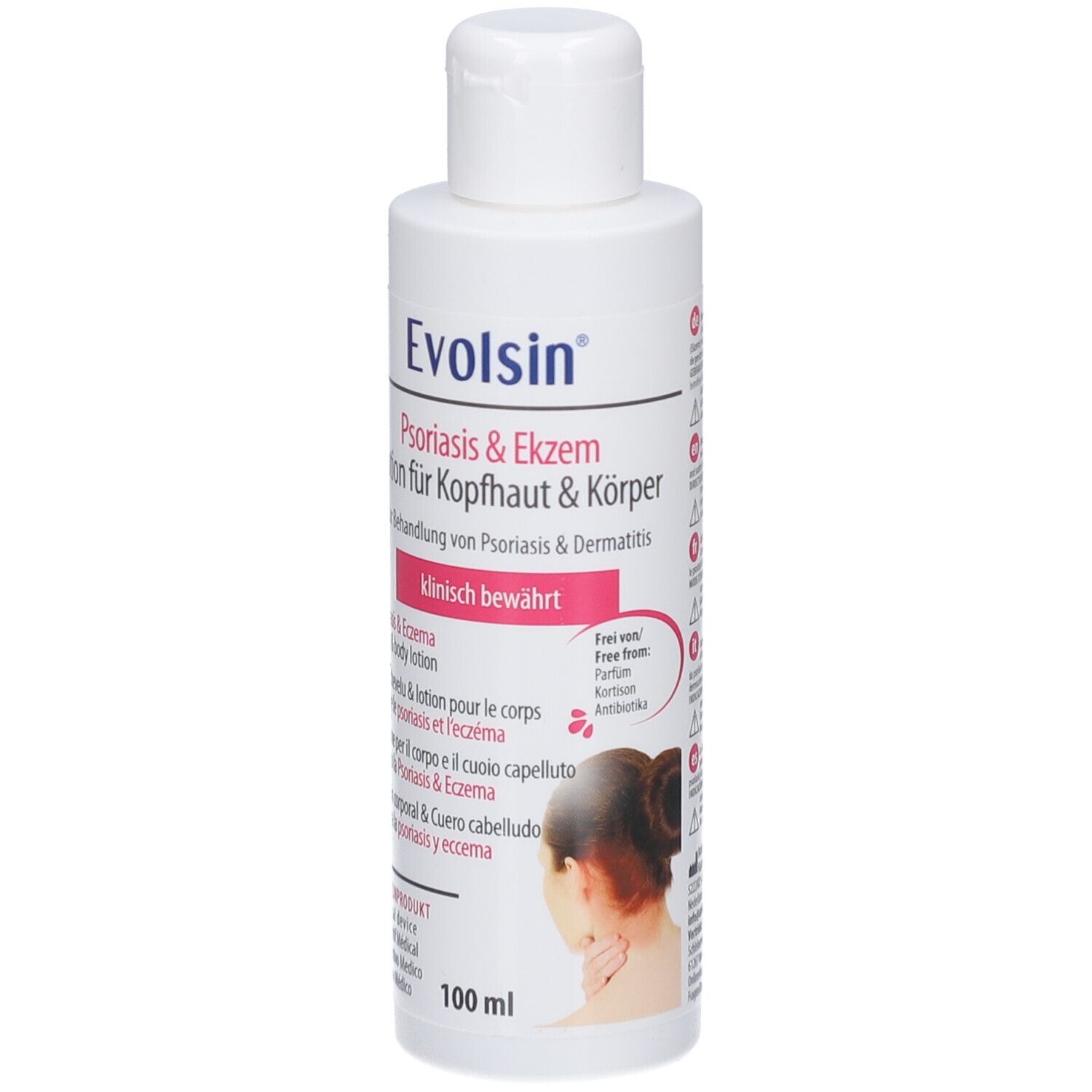 Weiße Lotion-Flasche. Aufschrift: Evolsin Psoriasis & Ekzem Lotion. Klinisch bewährt. 100 ml.