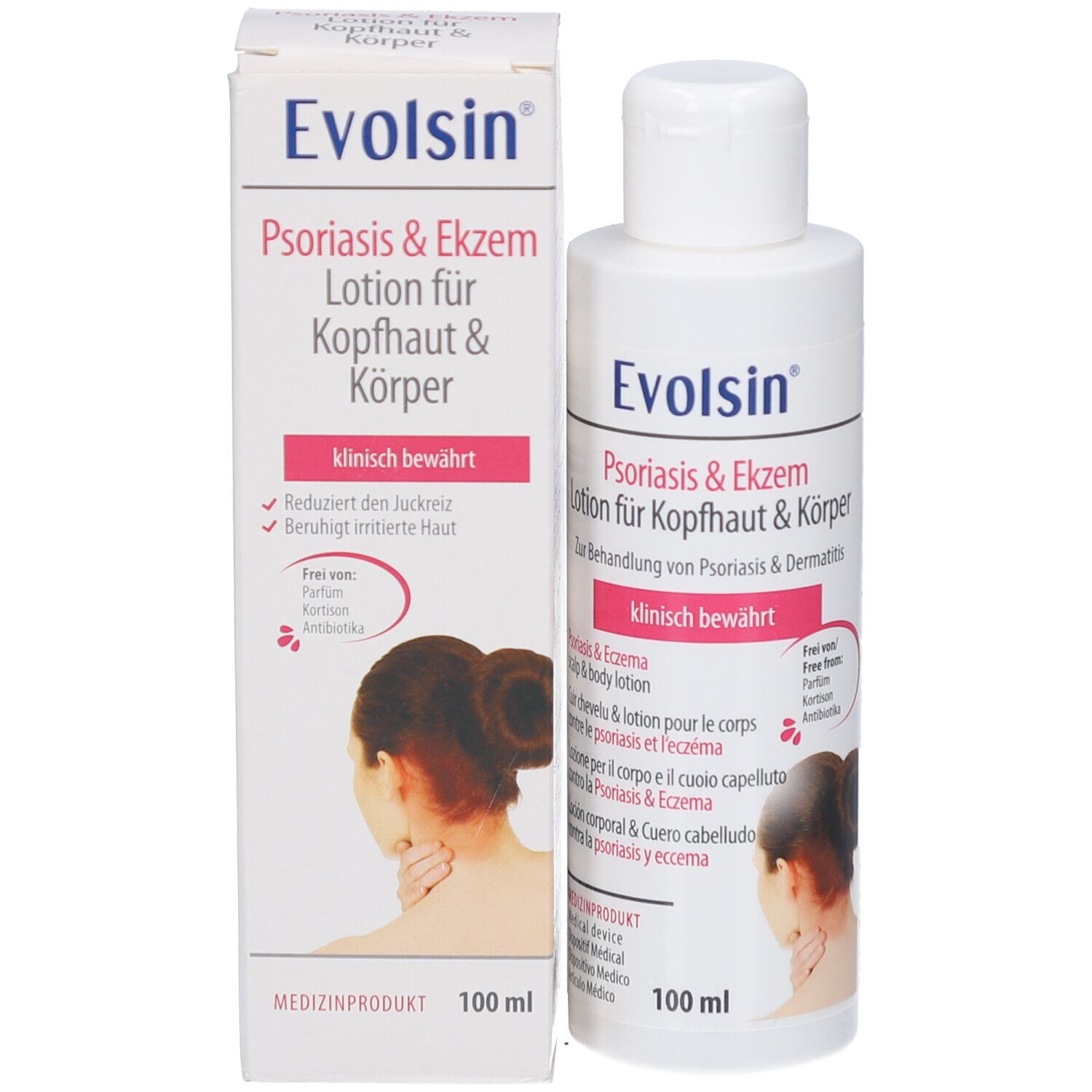 Weiße Lotion-Flasche und Schachtel. Aufschrift: Evolsin Psoriasis & Ekzem Lotion. 100 ml.