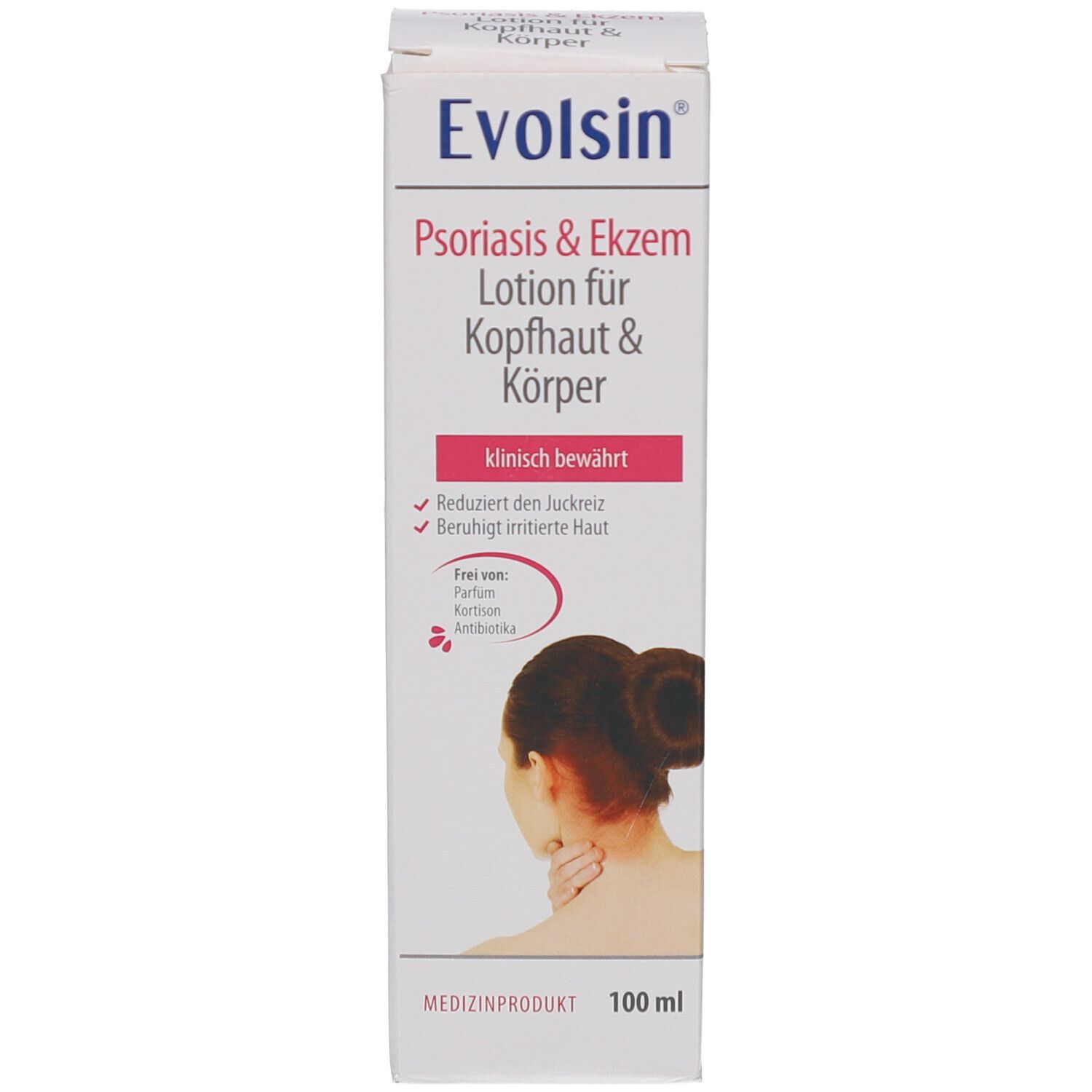 Schachtel. Aufschrift: Evolsin Psoriasis & Ekzem Lotion. 100 ml. Reduziert Juckreiz, beruhigt Haut.