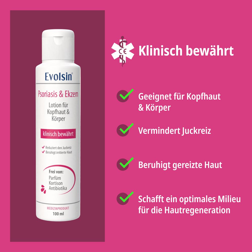 Produkt und Verpackung. Aufschrift: Evolsin Ekzem & Psoriasis Lotion für Kopfhaut & Körper. 100 ml.