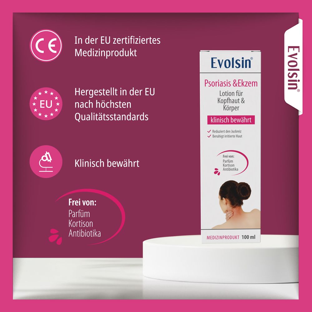 Produkt und Verpackung. Aufschrift: Evolsin Ekzem & Psoriasis Lotion für Kopfhaut & Körper. 100 ml.