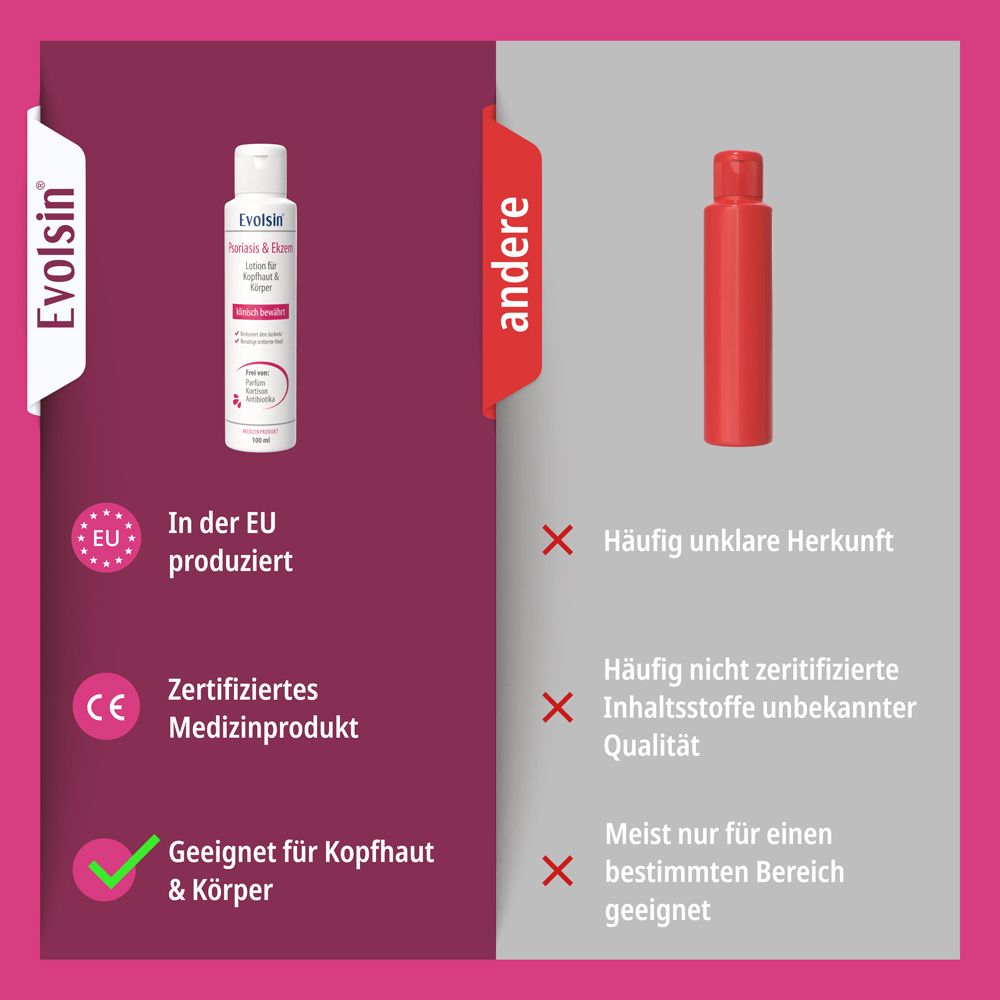 Evolsin Lotion Flasche mit Kennzeichnung 'Klinisch bewährt' und Inhaltsstoffen.