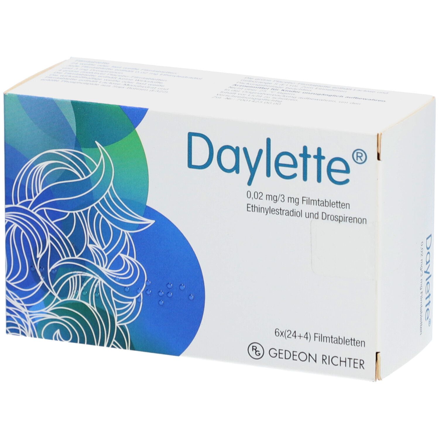 Schachtel mit Medikamenten. Aufschrift: Daylette 0,02 mg/3 mg Filmtabletten. 6x(24+4) Filmtabletten. Gedeon Richter.