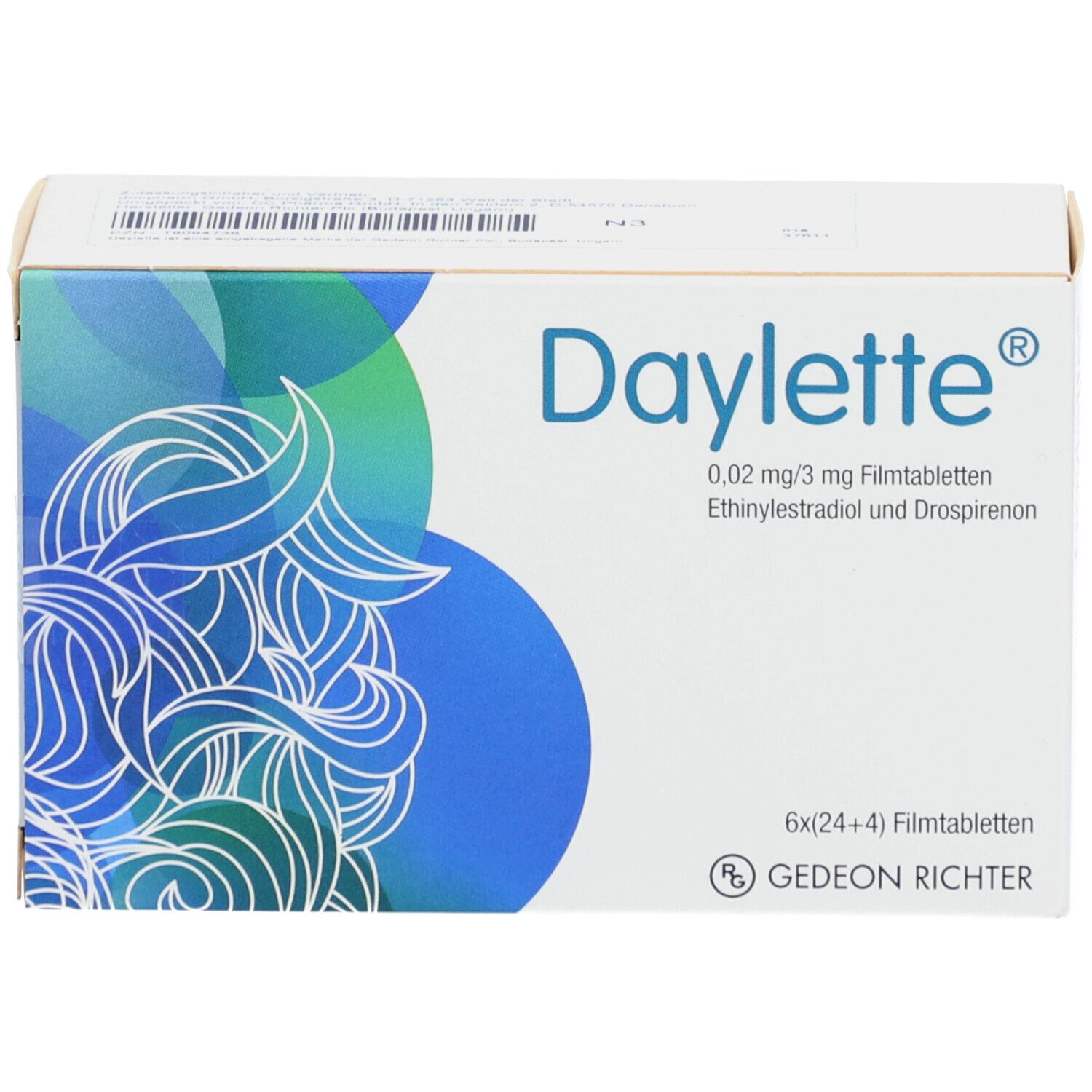 Schachtel mit Medikamenten. Aufschrift: Daylette 0,02 mg/3 mg Filmtabletten. 6x(24+4) Filmtabletten. Gedeon Richter.