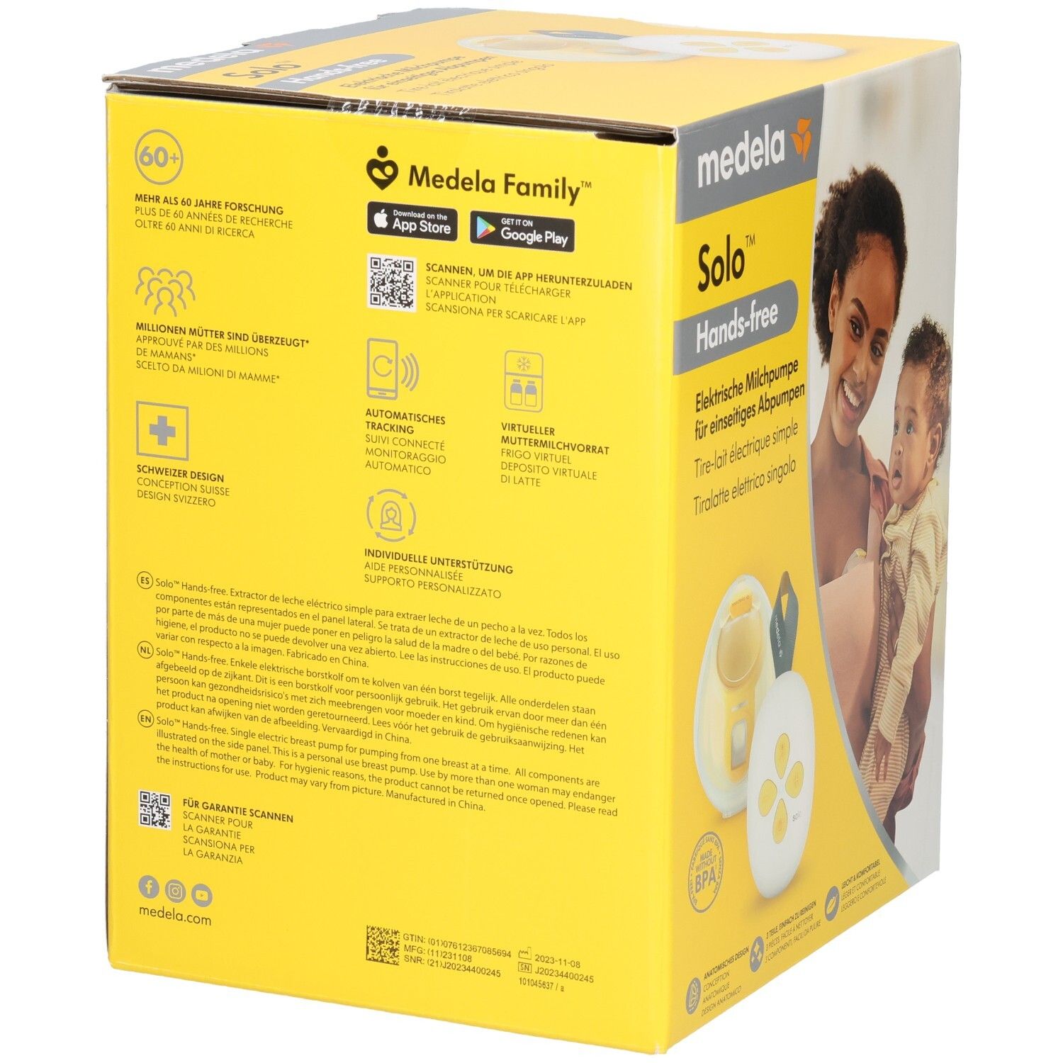 Rückseite der Medela Solo™ Hands-free Milchpumpe Verpackung mit Produktmerkmalen.