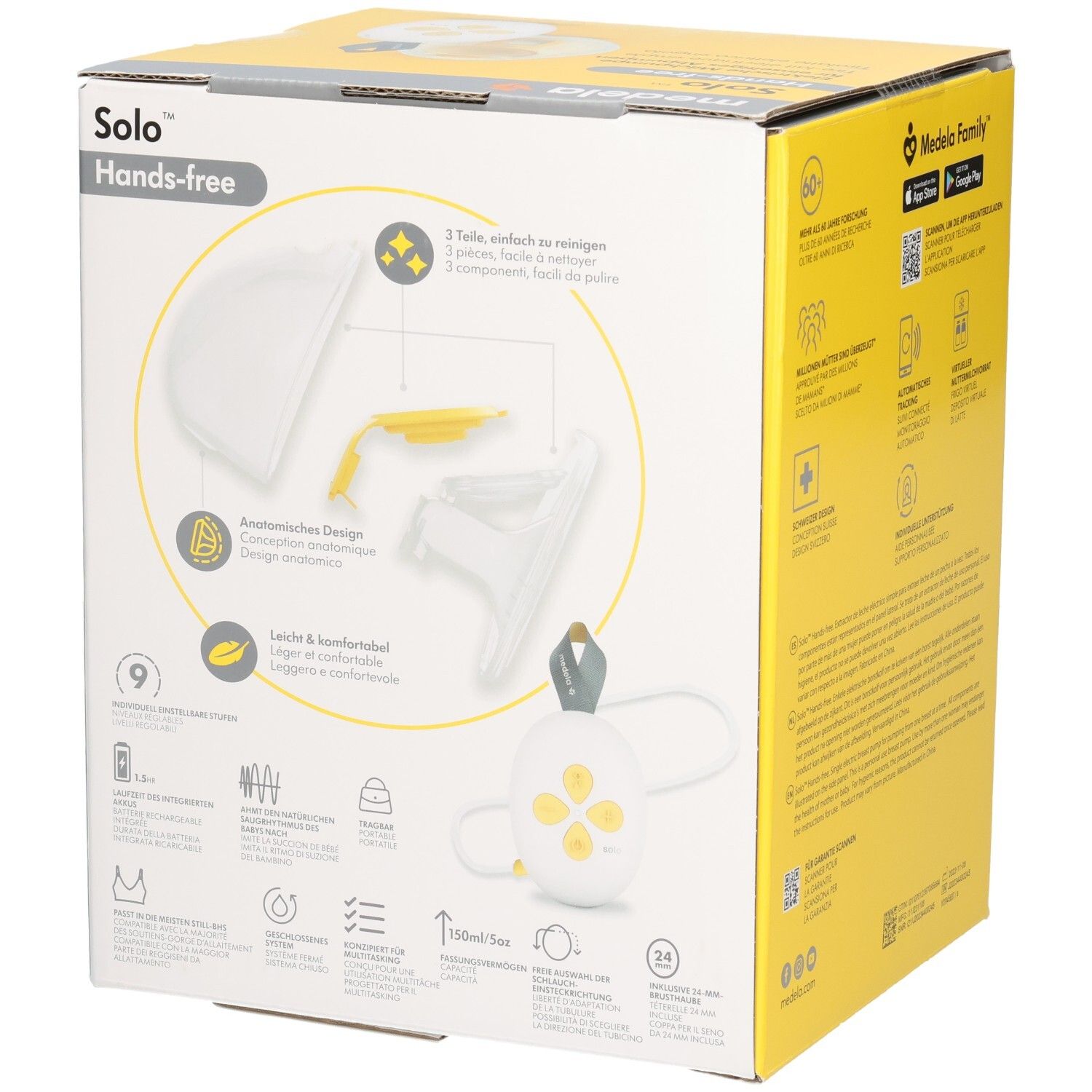 Seite der Medela Solo™ Hands-free Milchpumpe Verpackung mit Komponenten und Designmerkmalen.