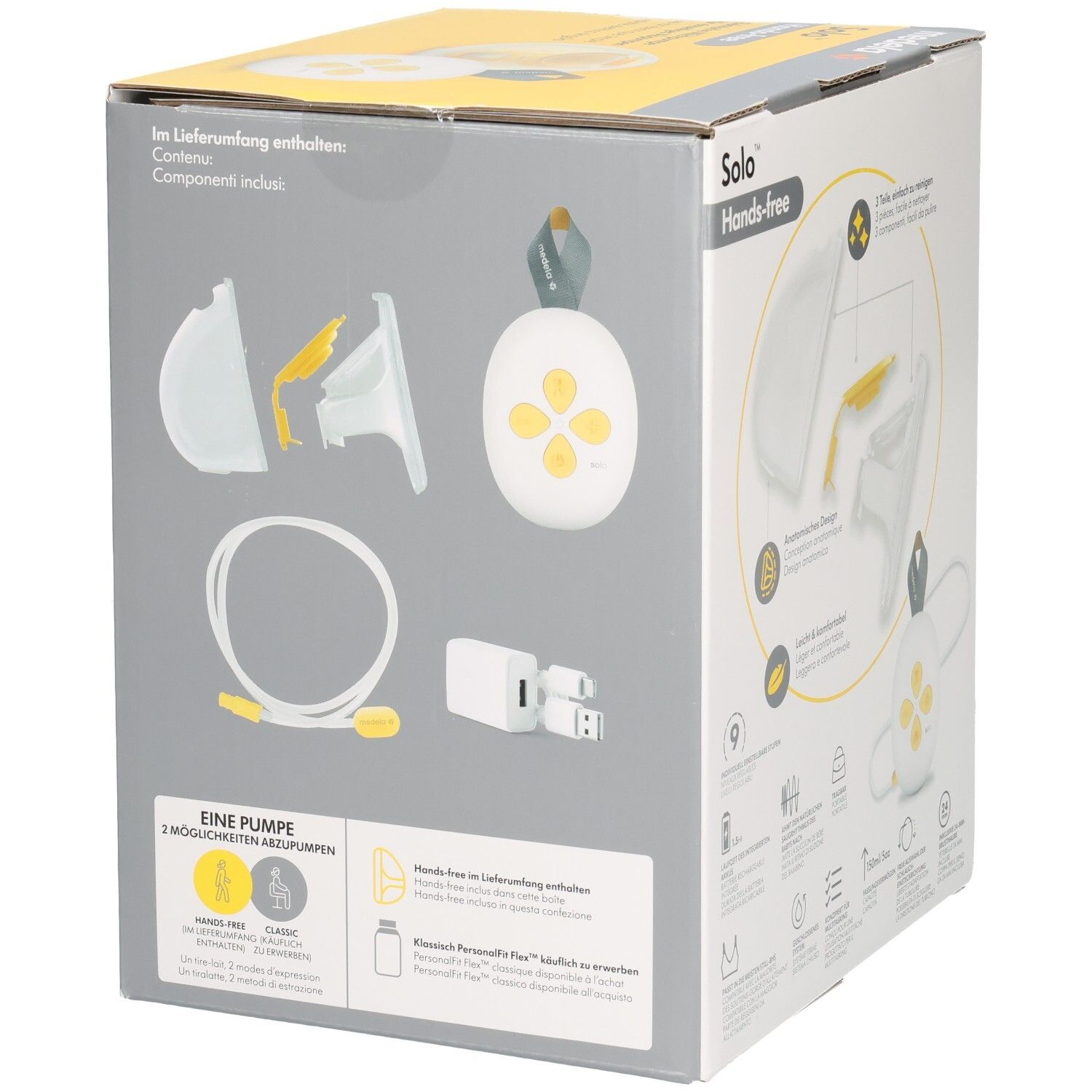 Seite der Medela Solo™ Hands-free Milchpumpe Verpackung mit abgebildeten Komponenten.