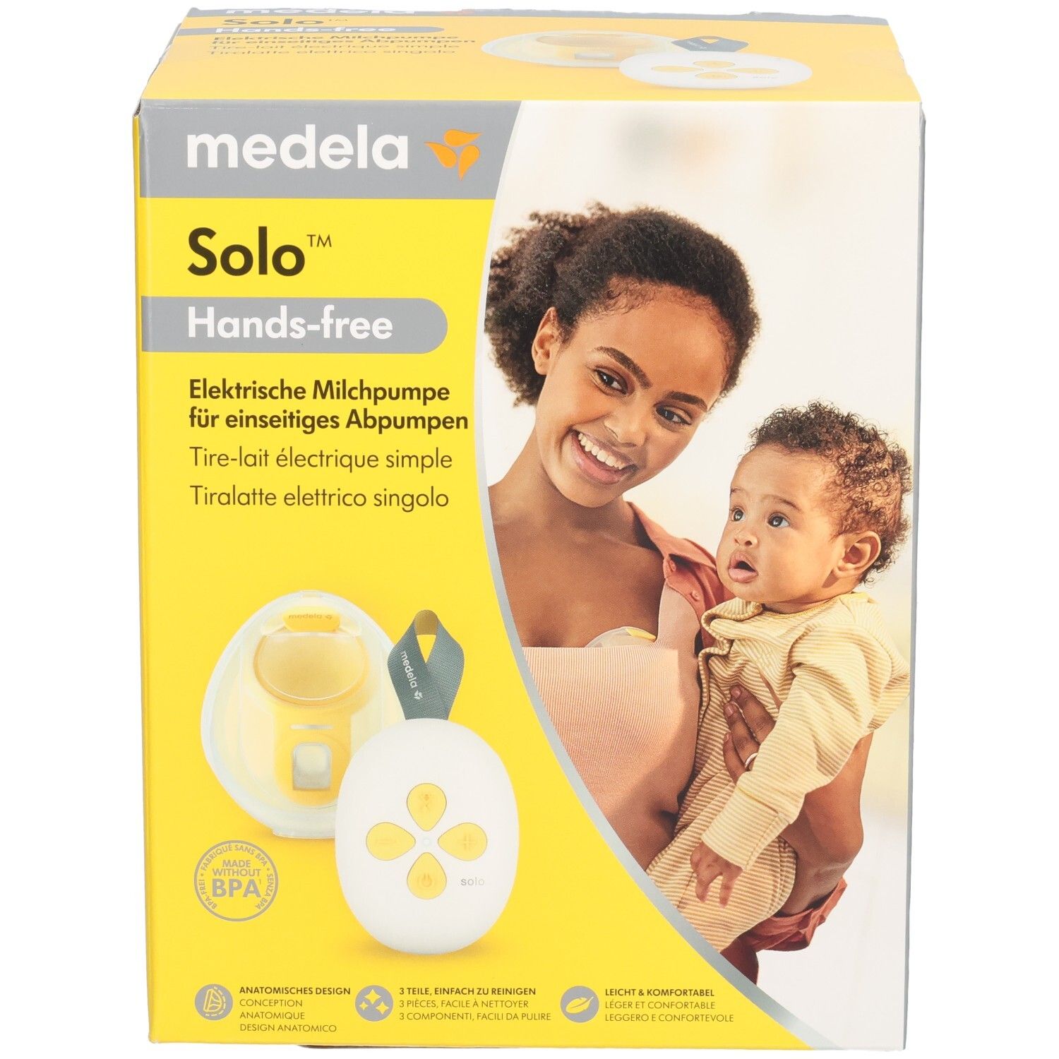 Vorderseite der Medela Solo™ Hands-free Milchpumpe Verpackung mit Mutter und Baby.
