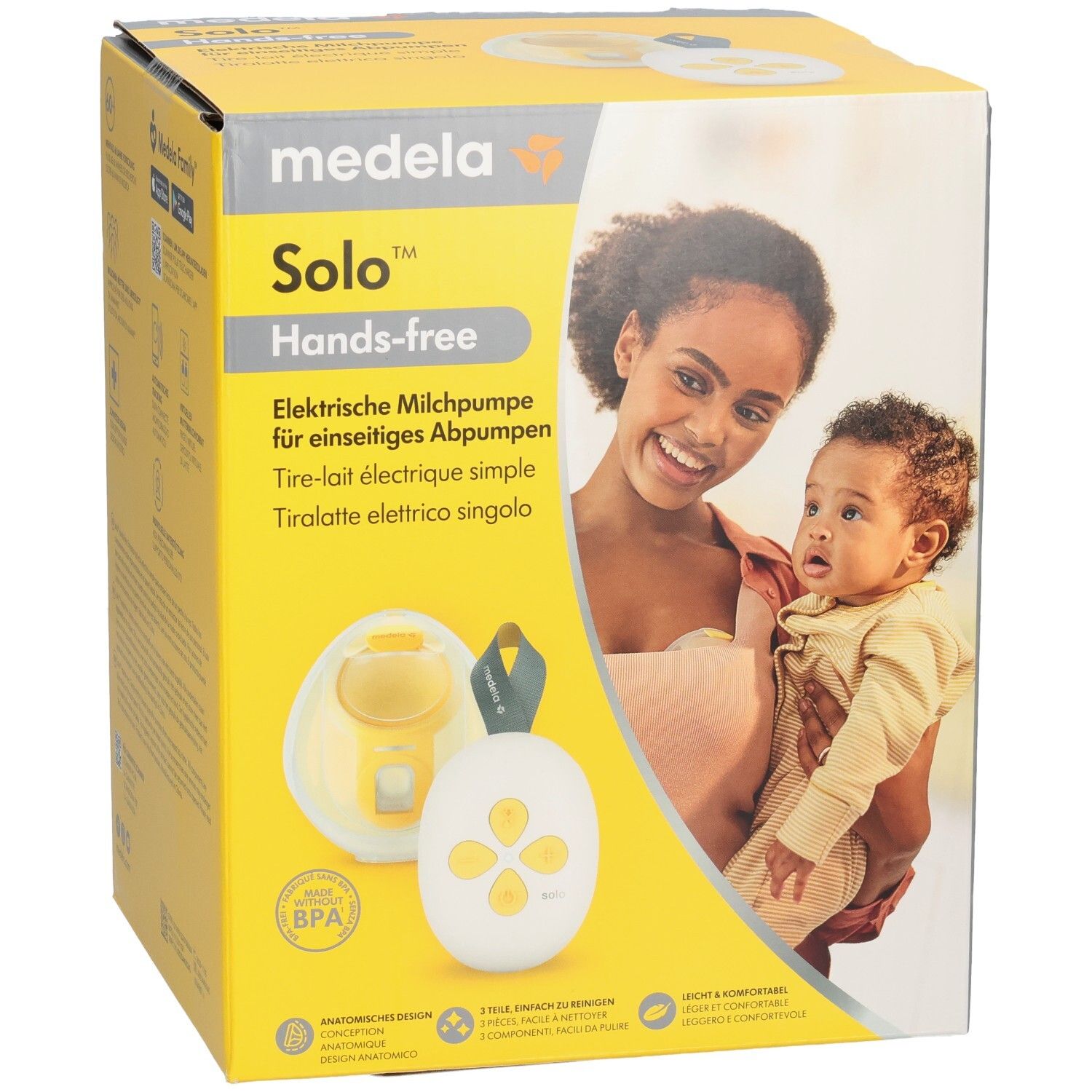 Vorderseite der Medela Solo™ Hands-free Milchpumpe Verpackung mit Mutter und Baby.