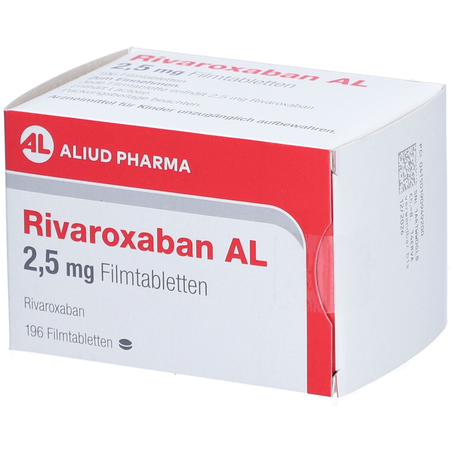 Schachtel mit Rivaroxaban AL 2,5 mg Filmtabletten. Rote und weiße Verpackung. AL-Logo. 196 Filmtabletten.