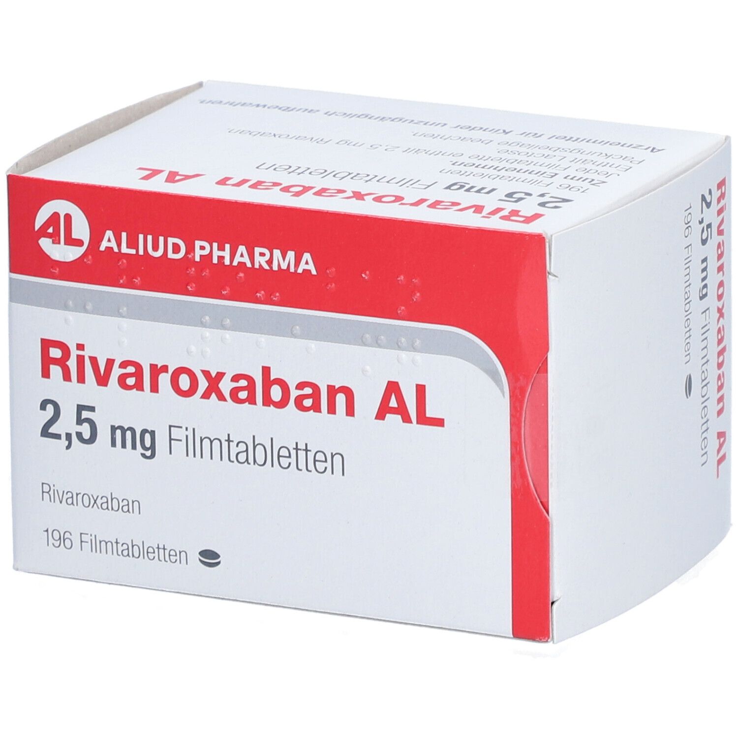 Schachtel mit Rivaroxaban AL 2,5 mg Filmtabletten. Rote und weiße Verpackung. AL-Logo. 196 Filmtabletten.