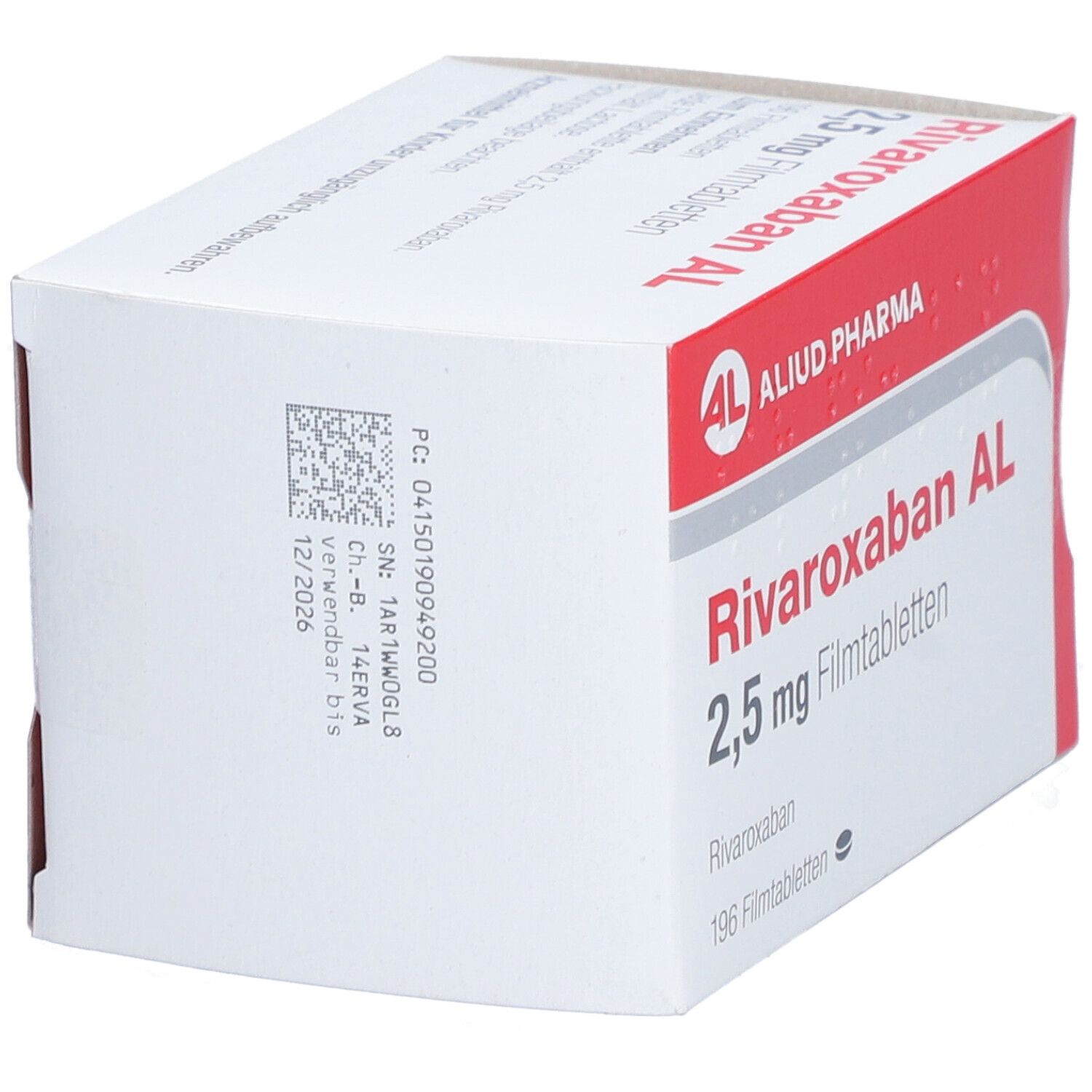 Schachtel mit Rivaroxaban AL 2,5 mg Filmtabletten. Rote und weiße Verpackung. AL-Logo. 196 Filmtabletten. QR-Code und Verfallsdatum.