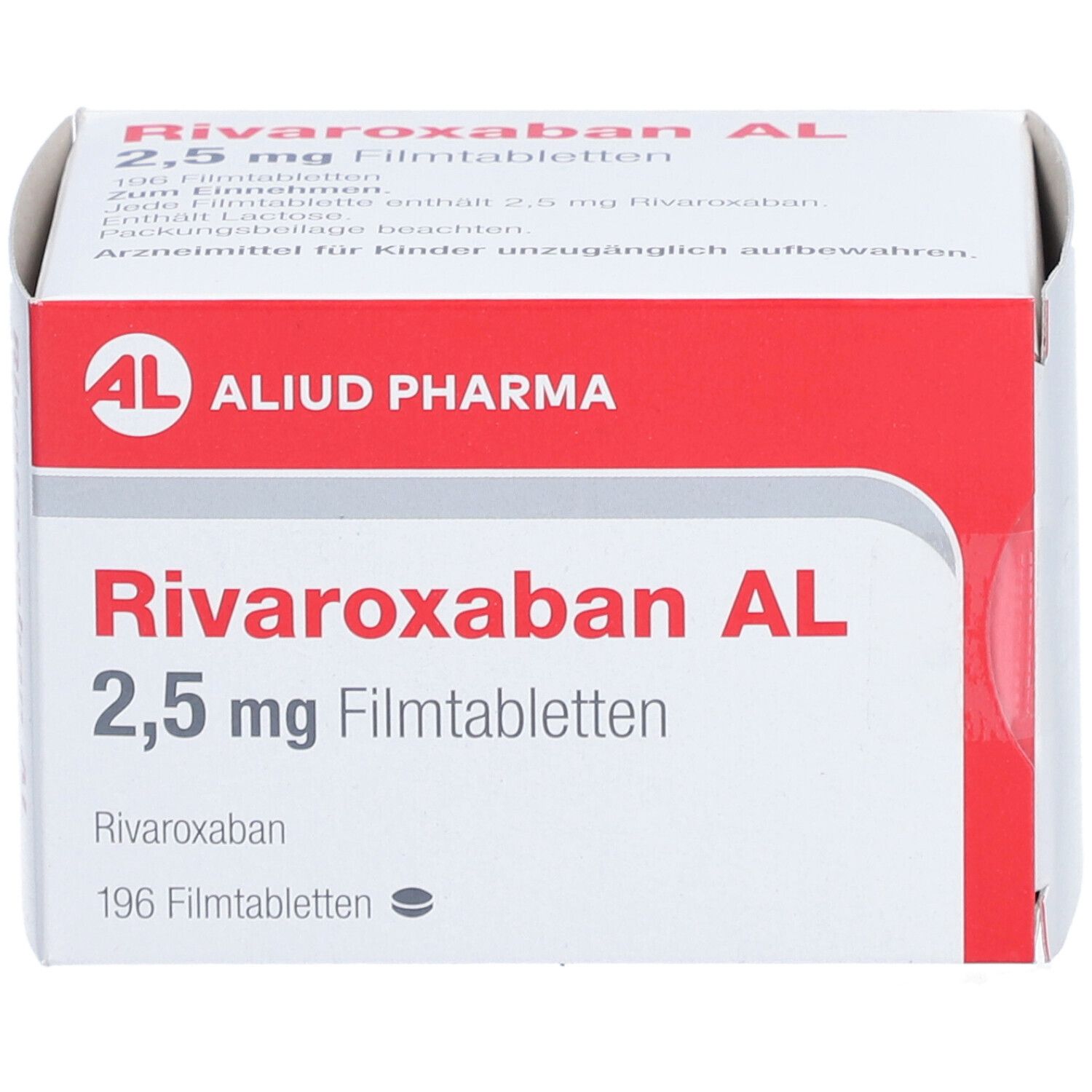Schachtel mit Rivaroxaban AL 2,5 mg Filmtabletten. Rote und weiße Verpackung. AL-Logo. 196 Filmtabletten.