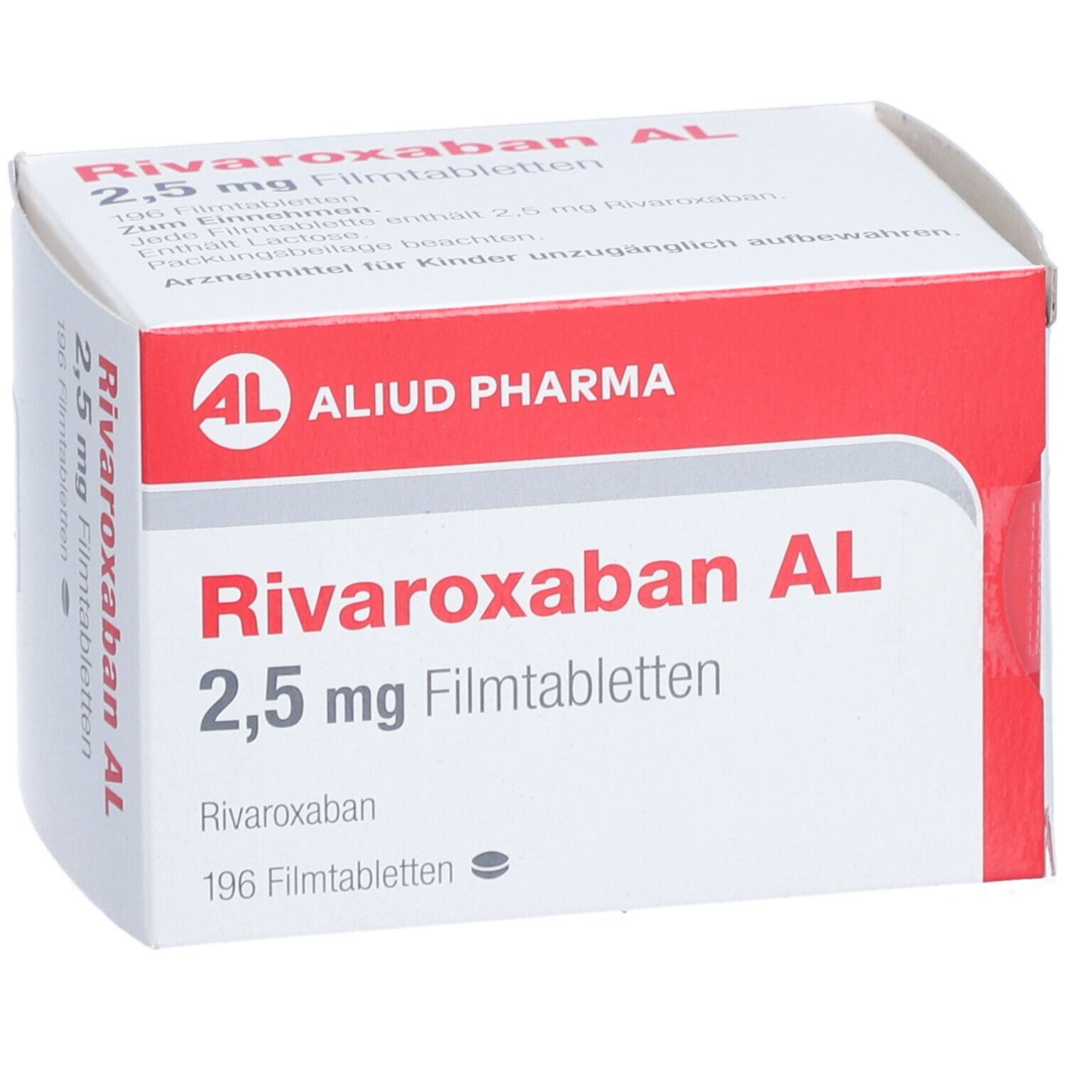 Schachtel mit Rivaroxaban AL 2,5 mg Filmtabletten. Rote und weiße Verpackung. AL-Logo. 196 Filmtabletten.