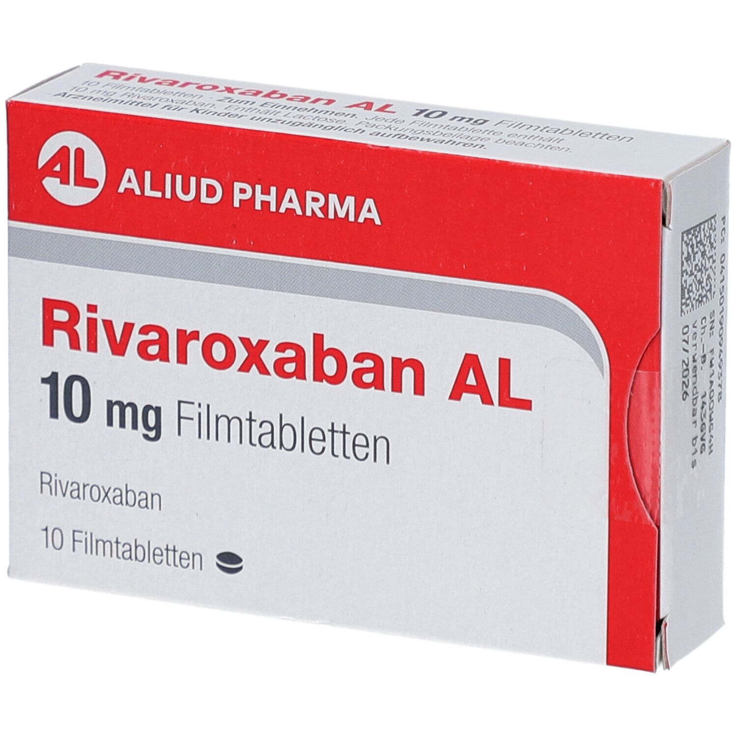 Schachtel mit RIVAROXABAN AL 10 mg Filmtabletten. Rote und weiße Verpackung mit Produktnamen und Logo.