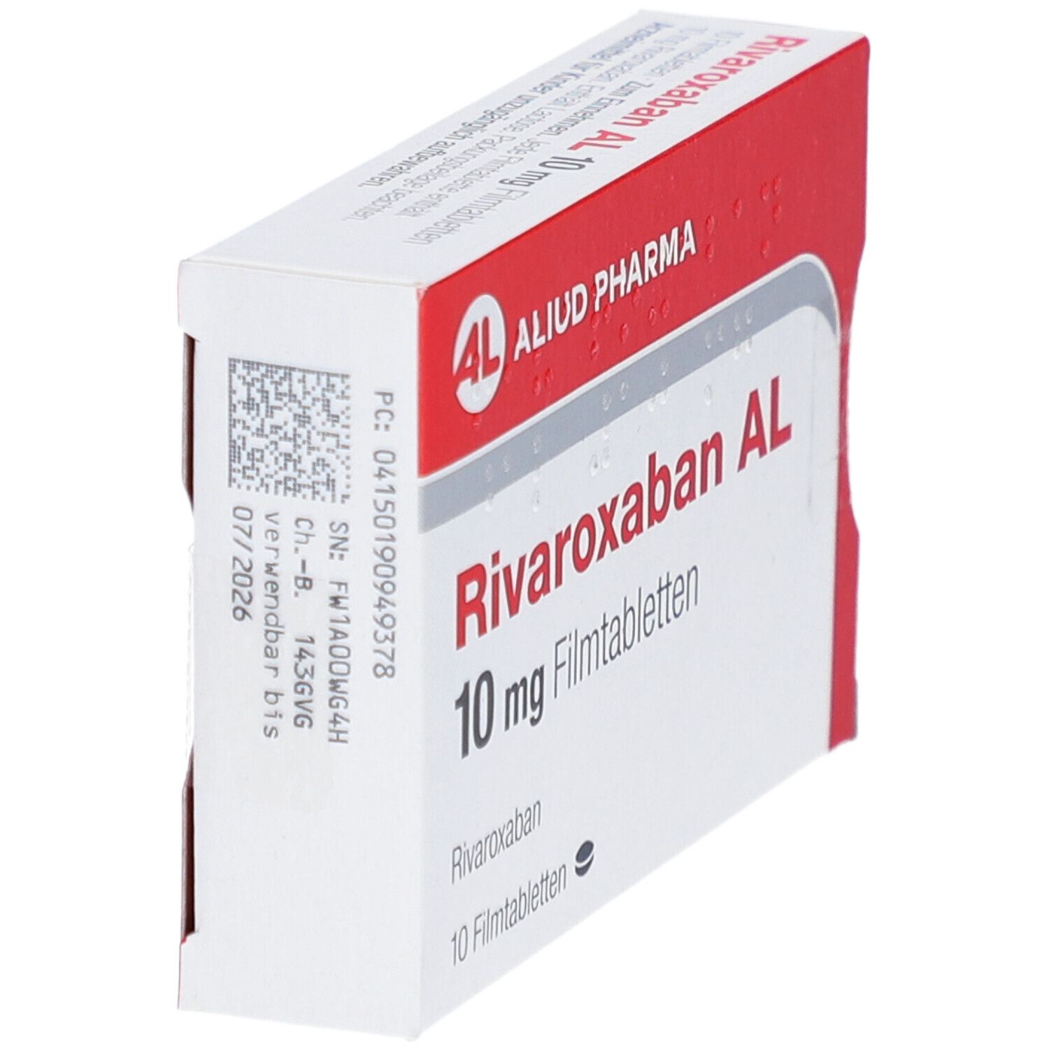 Schachtel RIVAROXABAN AL 10 mg Filmtabletten. Rote und weiße Verpackung, Detailansicht mit Chargennummer und Verfallsdatum.