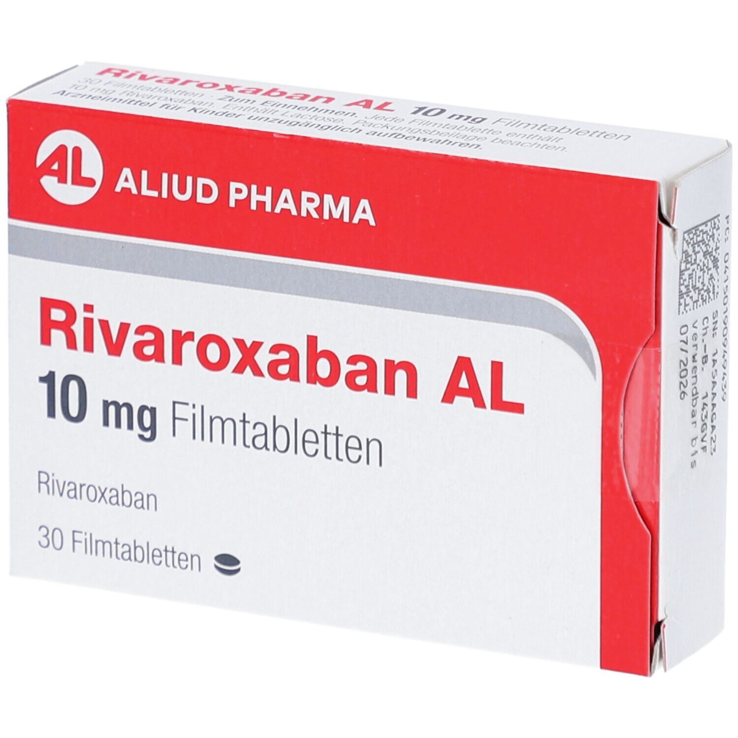 Schachtel mit RIVAROXABAN AL 10 mg Filmtabletten. Marke AL, Aliud Pharma. Rote und weiße Verpackung.