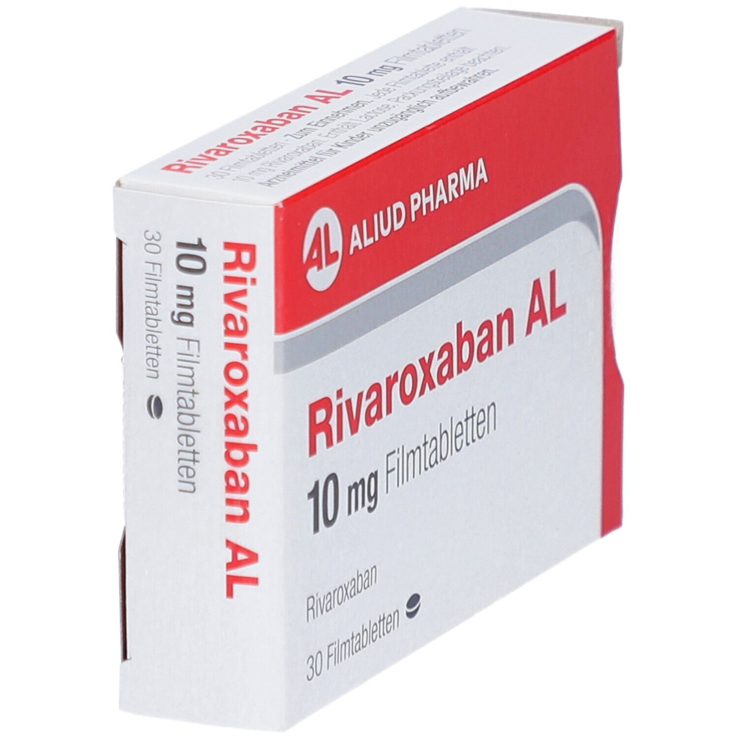 Schachtel mit RIVAROXABAN AL 10 mg Filmtabletten. Marke AL, Aliud Pharma. Rote und weiße Verpackung.
