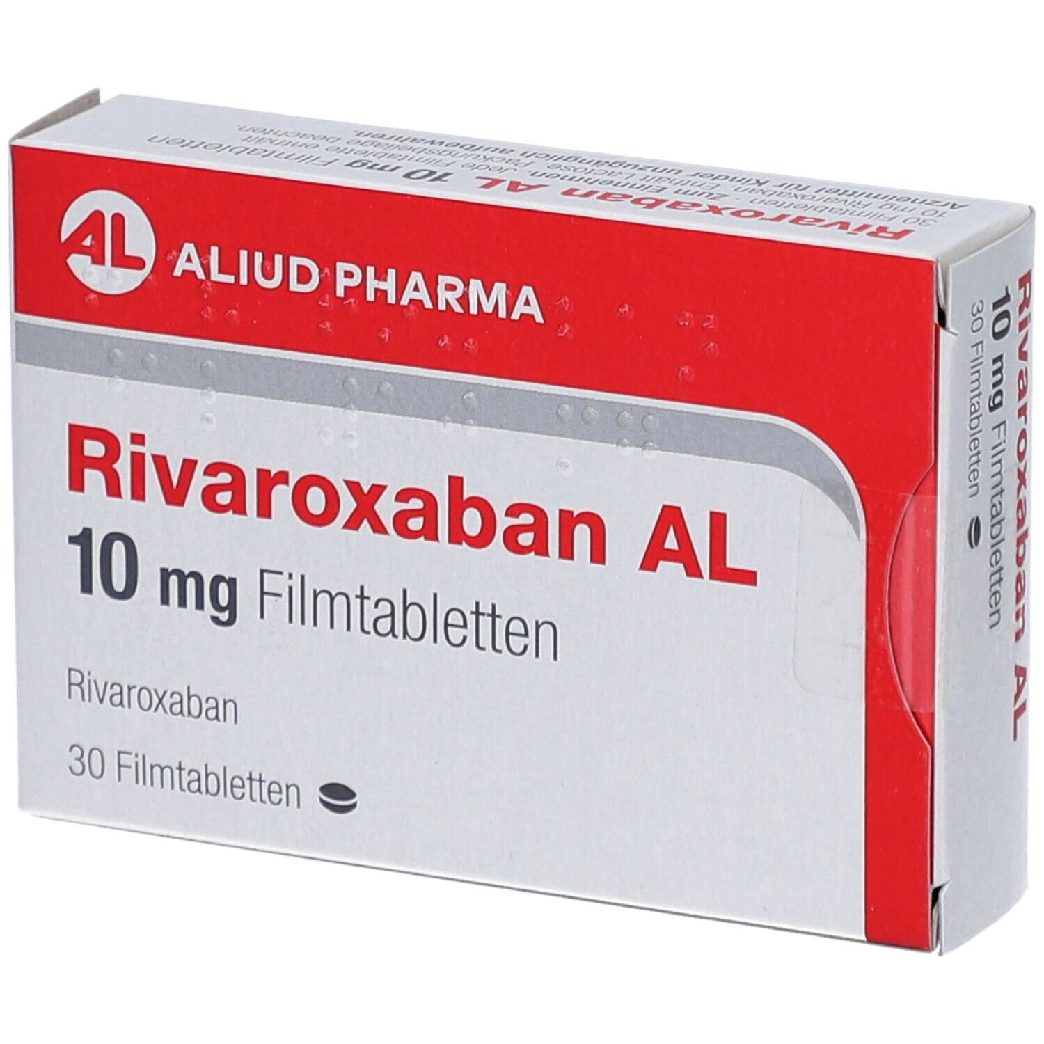 Schachtel mit RIVAROXABAN AL 10 mg Filmtabletten. Marke AL, Aliud Pharma. Rote und weiße Verpackung.