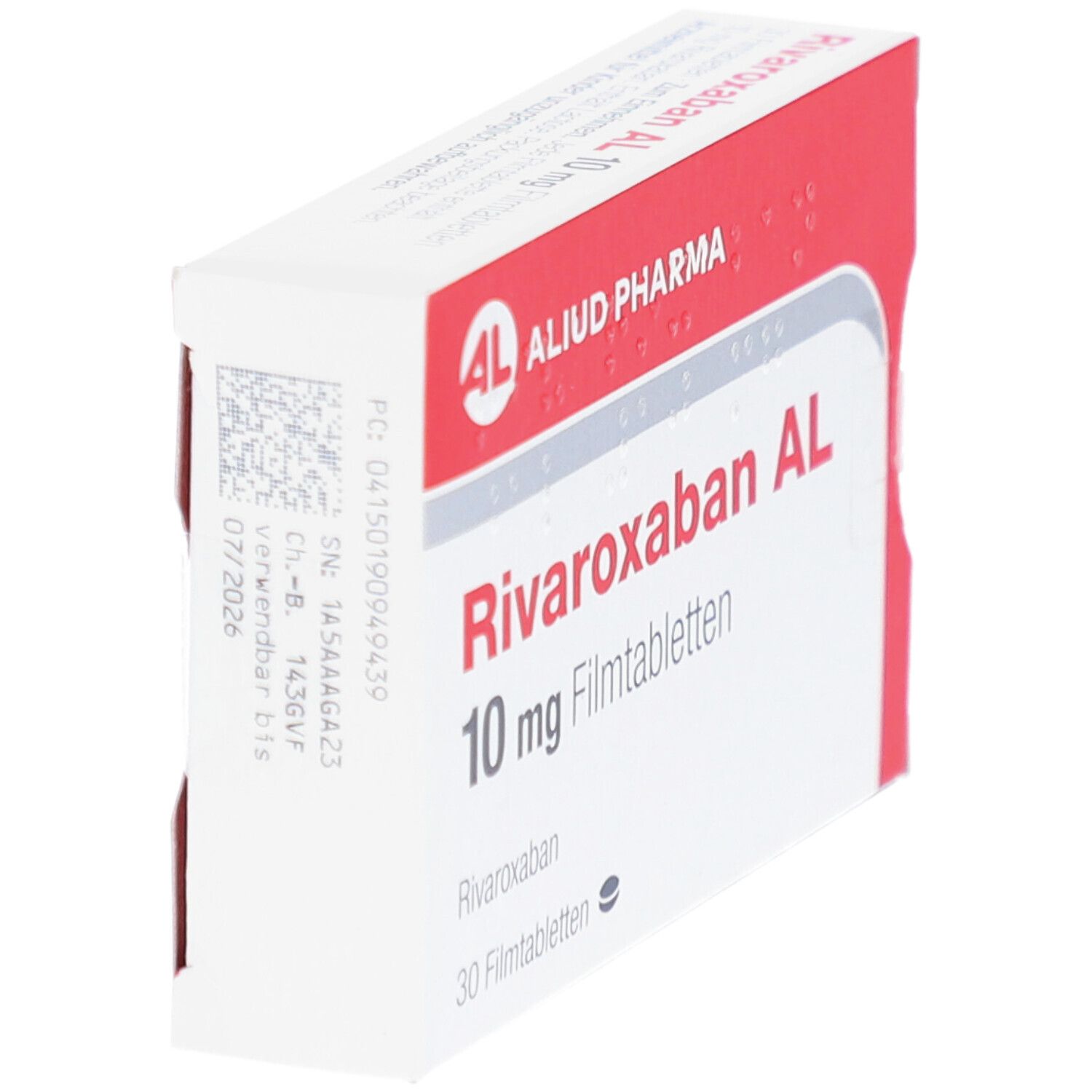 Schachtel mit RIVAROXABAN AL 10 mg Filmtabletten. Marke AL, Aliud Pharma. Rote und weiße Verpackung.