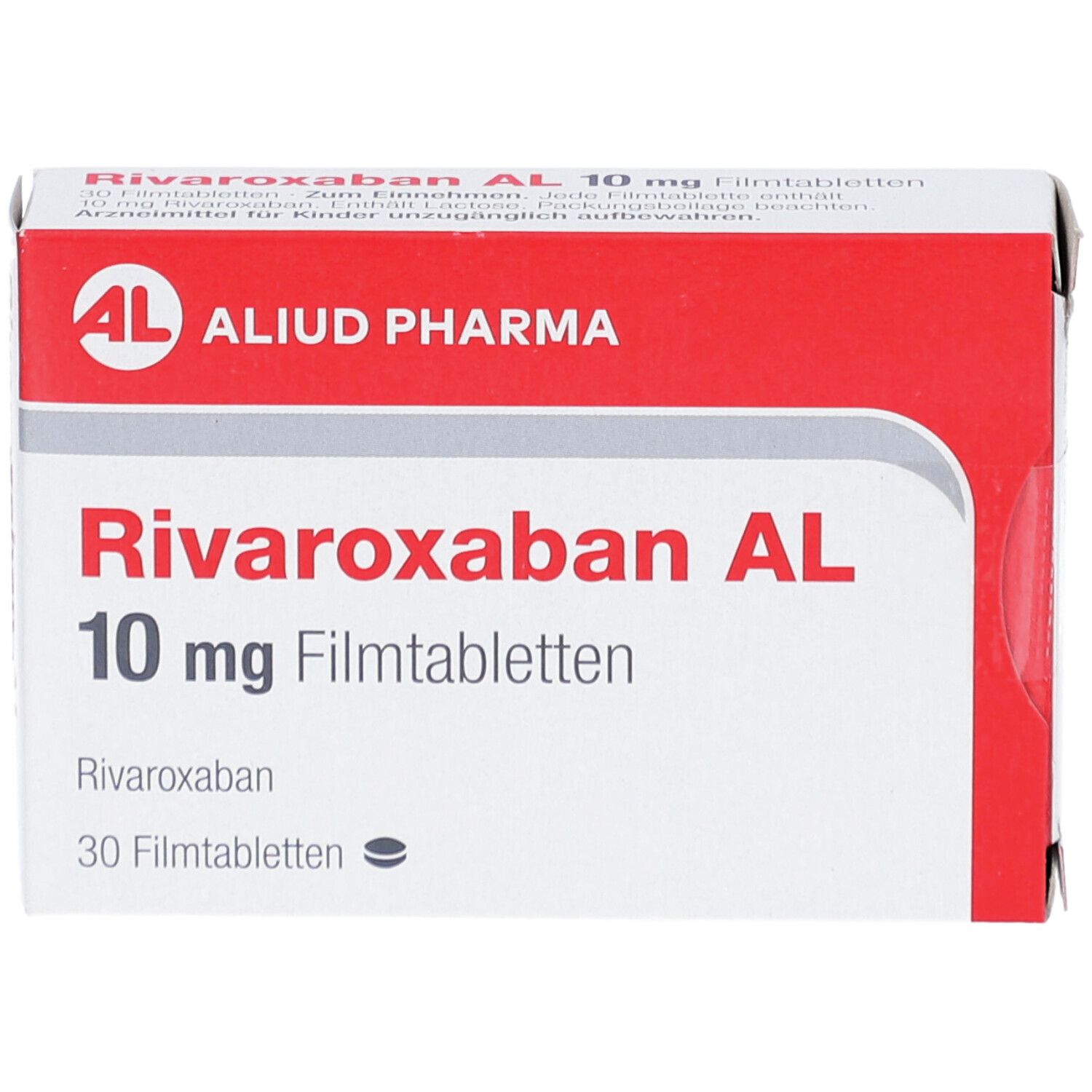 Schachtel mit RIVAROXABAN AL 10 mg Filmtabletten. Marke AL, Aliud Pharma. Rote und weiße Verpackung.