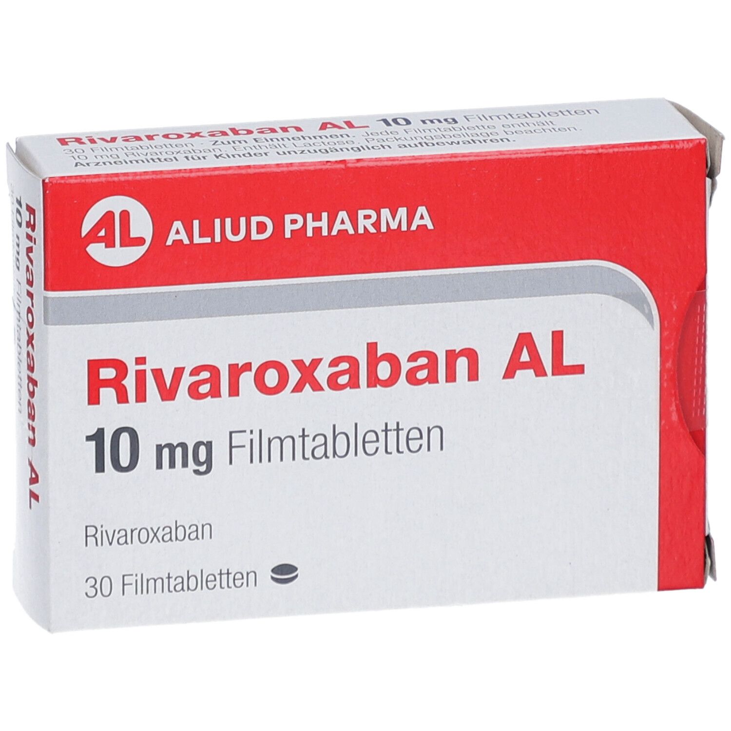 Schachtel mit RIVAROXABAN AL 10 mg Filmtabletten. Marke AL, Aliud Pharma. Rote und weiße Verpackung.