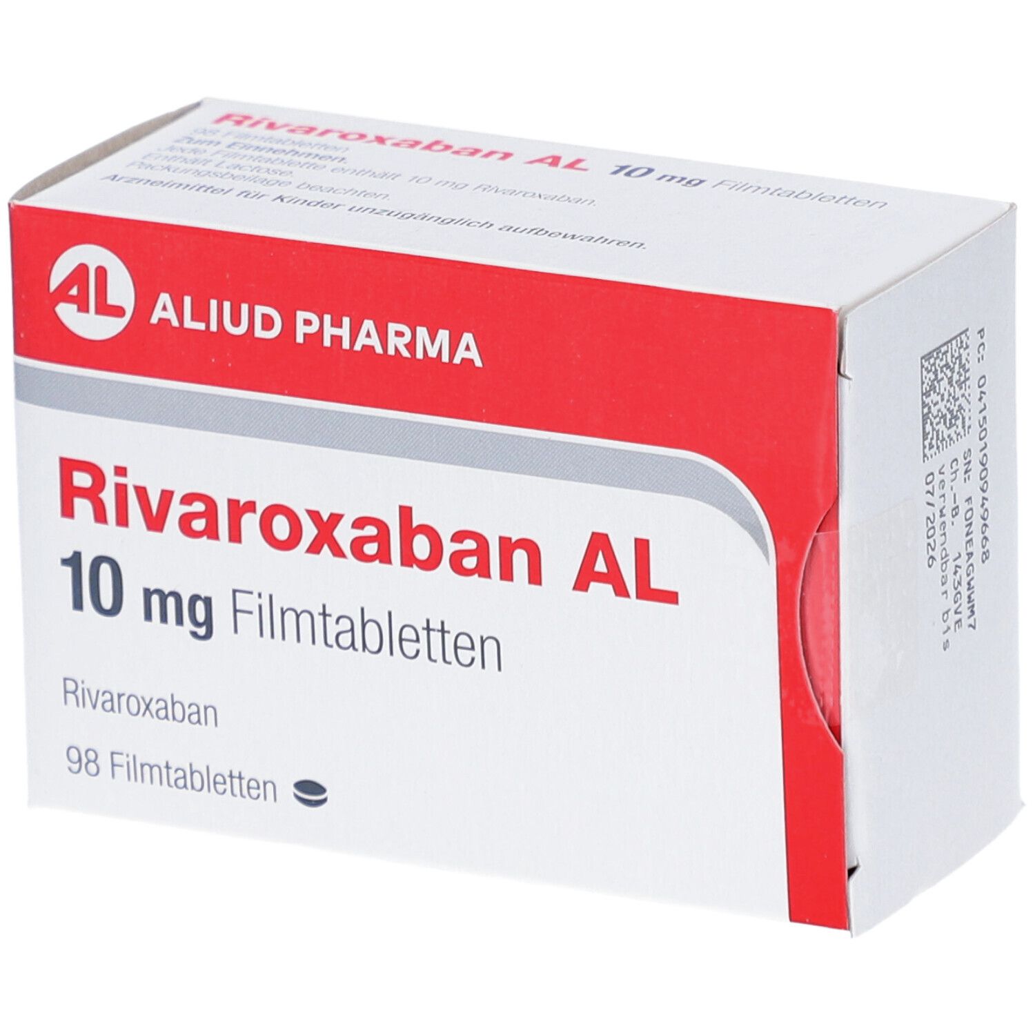 Schachtel mit RIVAROXABAN AL 10 mg Filmtabletten. AL-Logo, Produktname, Dosierung, Packungsgröße: 98 Tabletten.