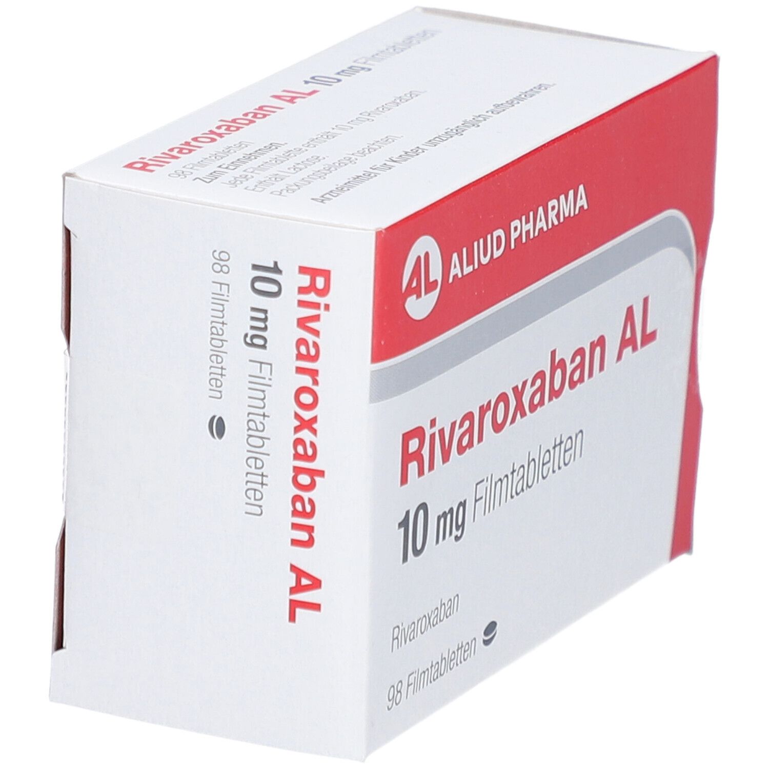 Schachtel RIVAROXABAN AL 10 mg Filmtabletten. AL-Logo, Produktname, Dosierung, Packungsgröße: 98 Tabletten. Perspektivische Ansicht.