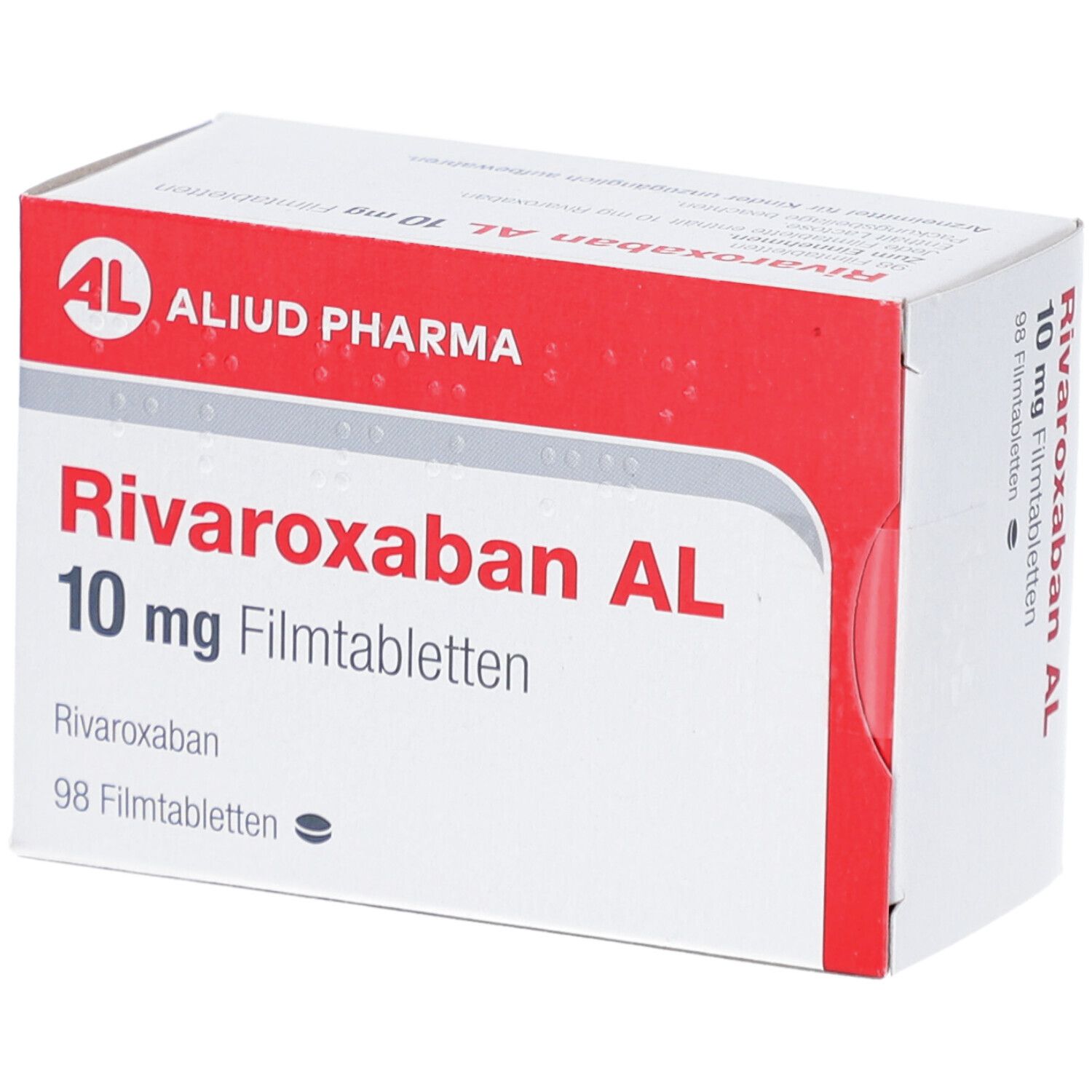 Schachtel RIVAROXABAN AL 10 mg Filmtabletten. AL-Logo, Produktname, Dosierung, Packungsgröße: 98 Tabletten. Perspektivische Ansicht.