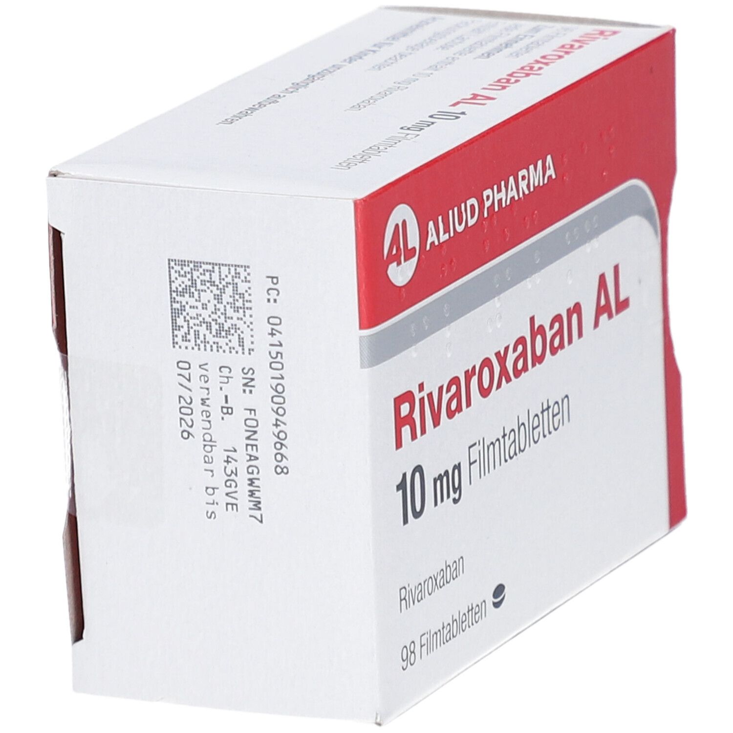 Schachtel RIVAROXABAN AL 10 mg Filmtabletten. AL-Logo, Produktname, Dosierung, Packungsgröße: 98 Tabletten. Rückseite mit Daten.